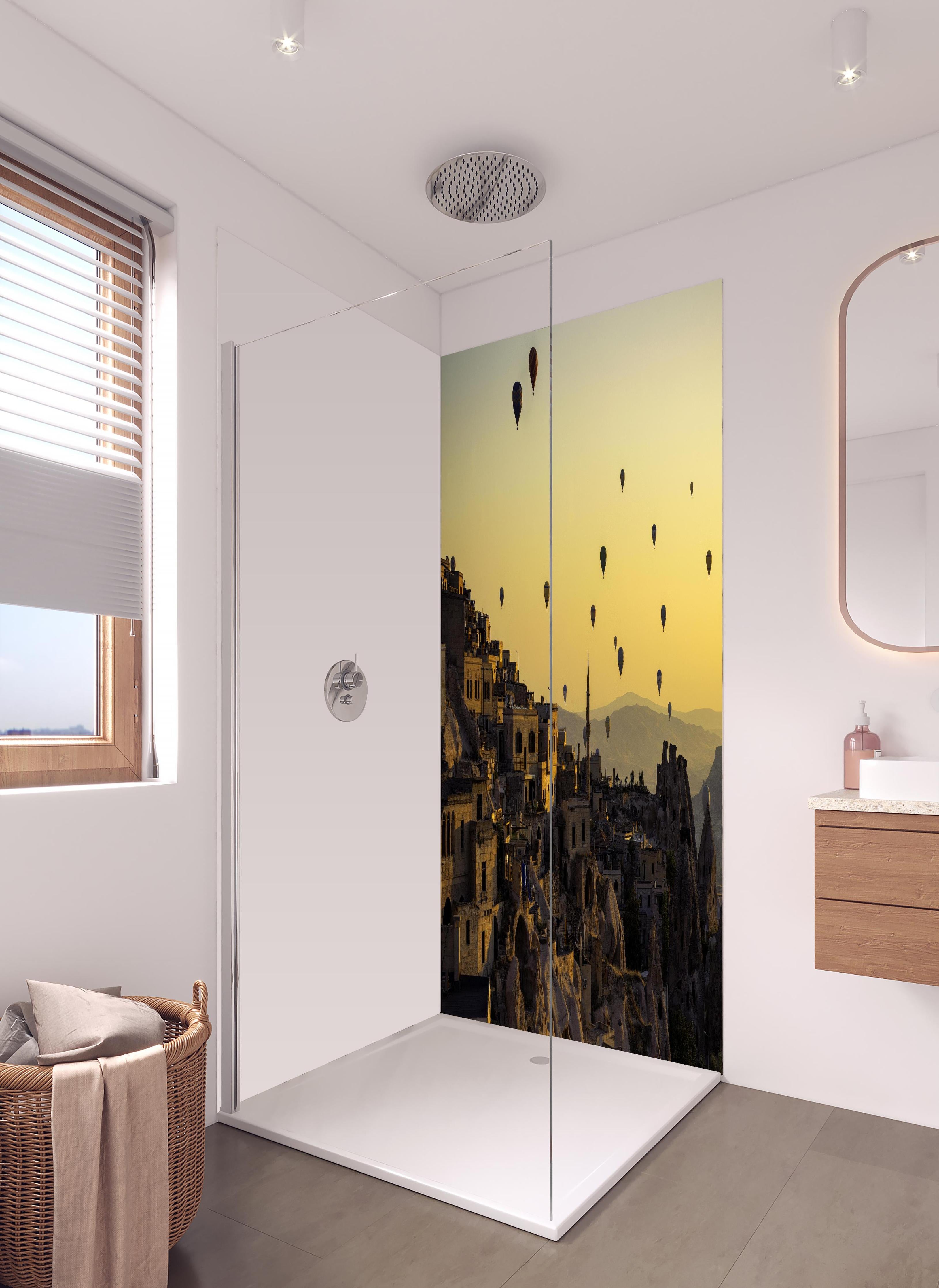 Duschrückwand - Sonnenuntergang - Kappadokien, Türkei in hellem Badezimmer mit Regenduschkopf - zweiteilige Eck-Duschrückwand