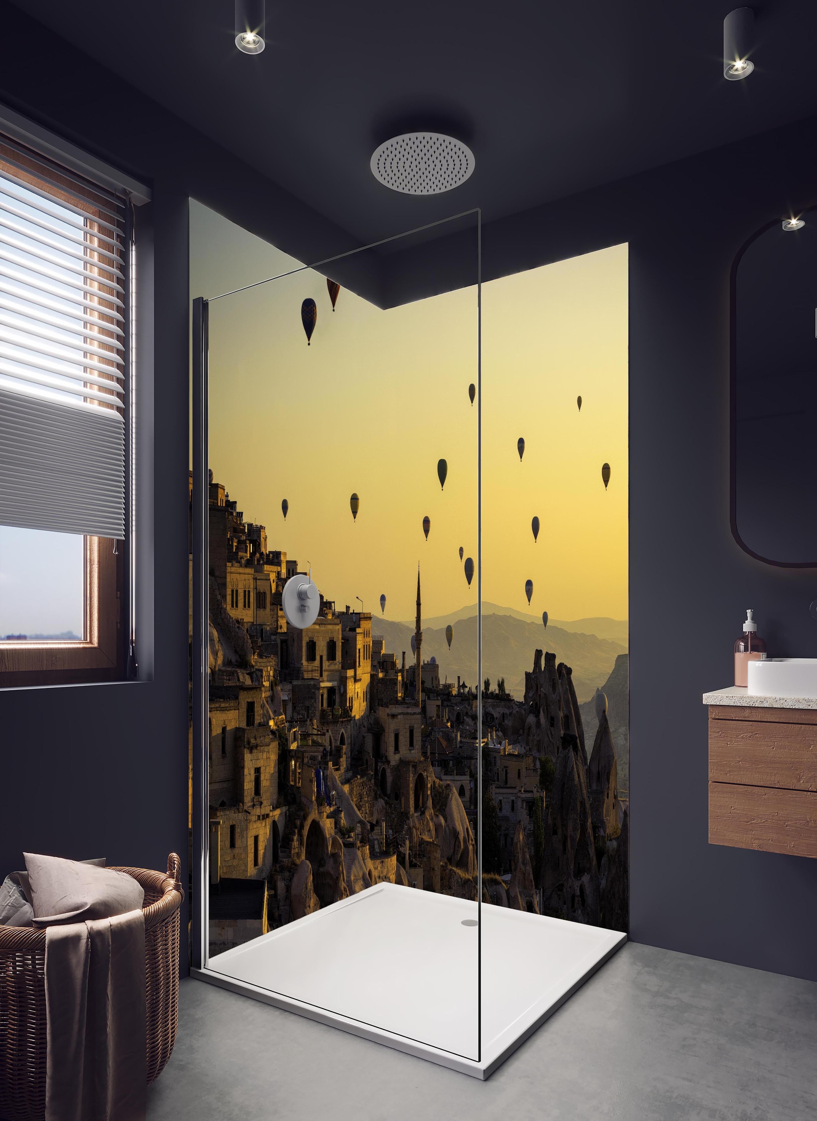 Duschrückwand - Sonnenuntergang - Kappadokien, Türkei in hellem Badezimmer mit Regenduschkopf - zweiteilige Eck-Duschrückwand