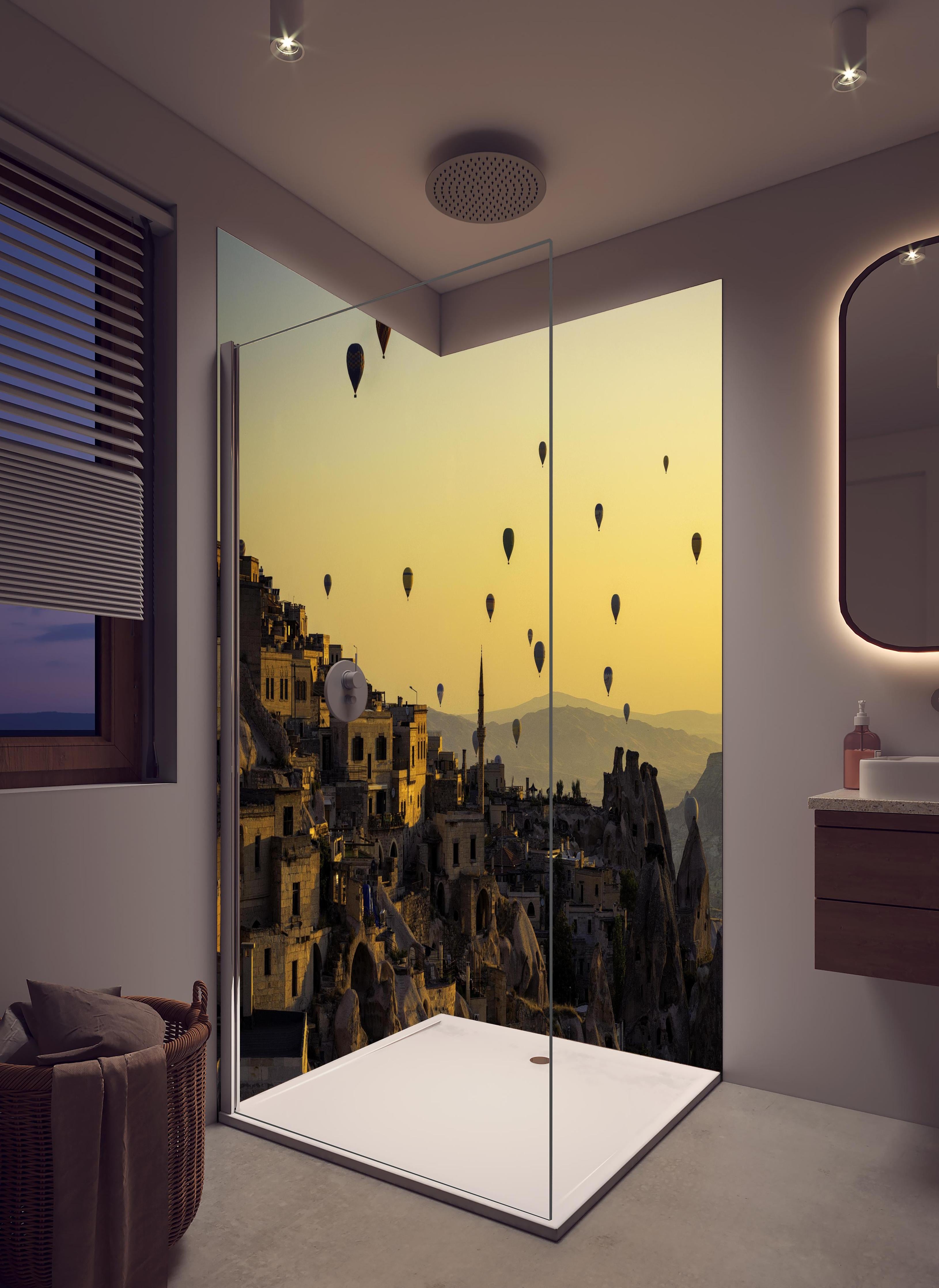 Duschrückwand - Sonnenuntergang - Kappadokien, Türkei in hellem Badezimmer mit Regenduschkopf - zweiteilige Eck-Duschrückwand