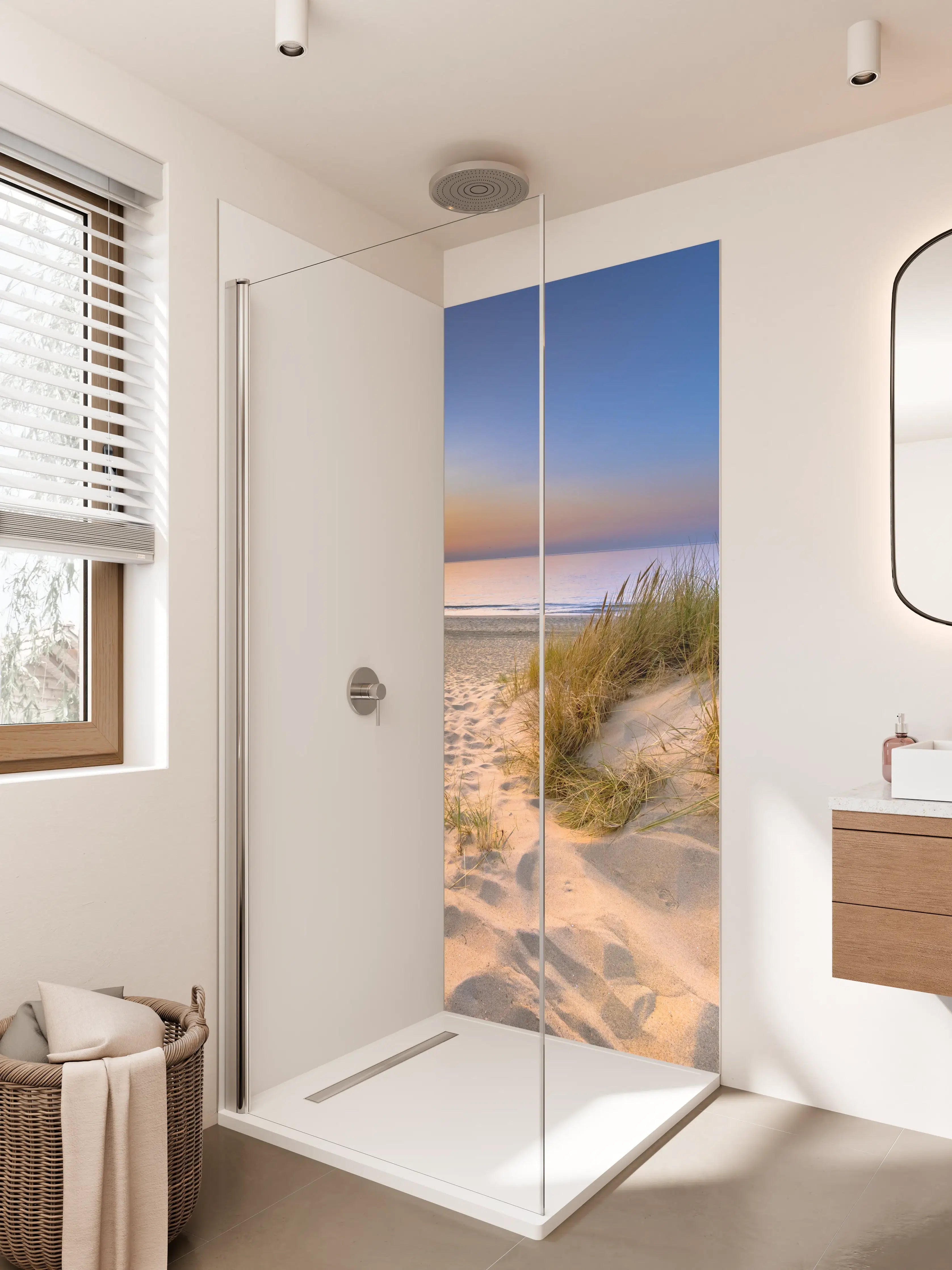 Duschrückwand - Sonnenuntergang am Strand in sanften Farben