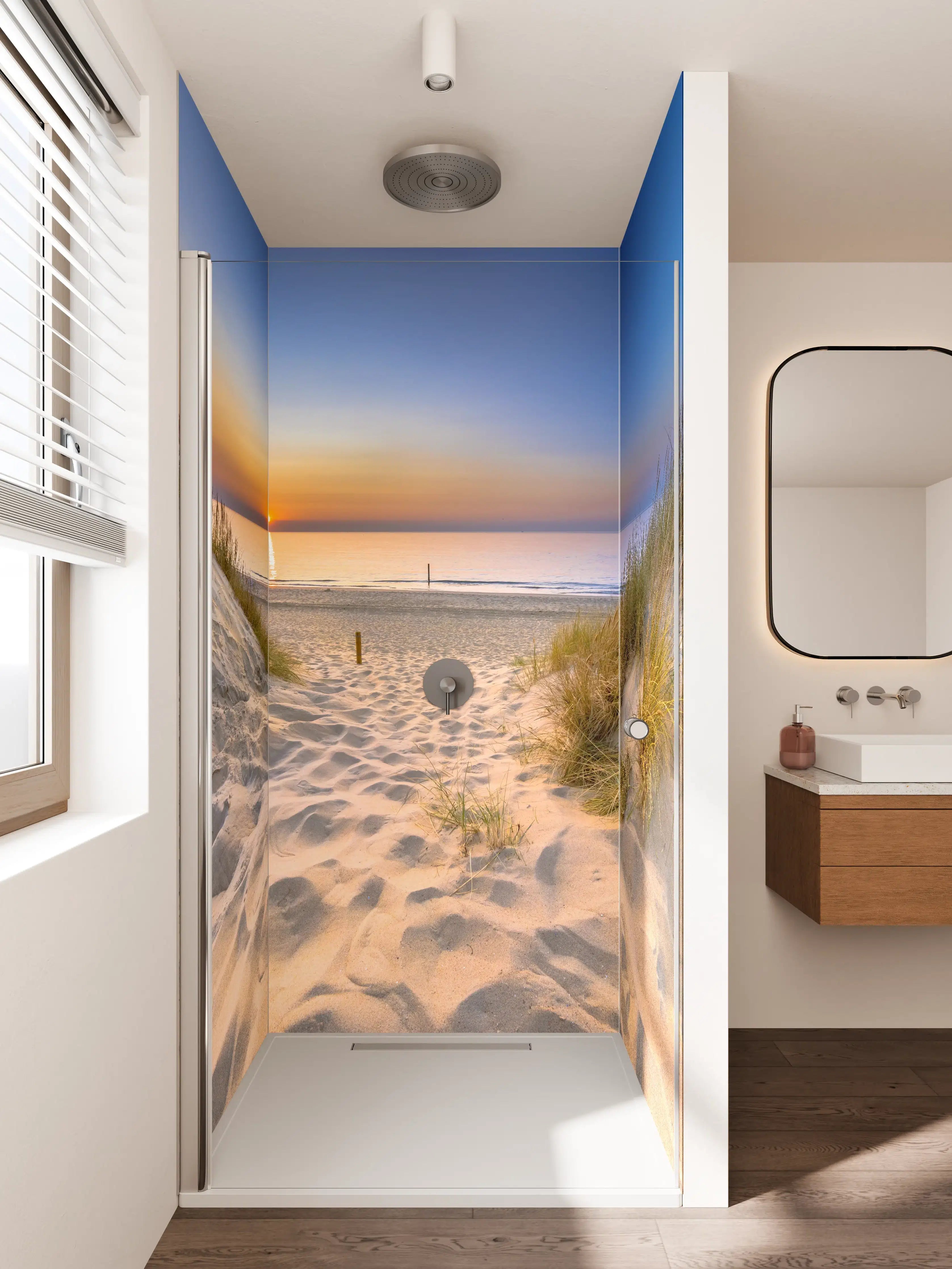 Duschrückwand - Sonnenuntergang am Strand in sanften Farben