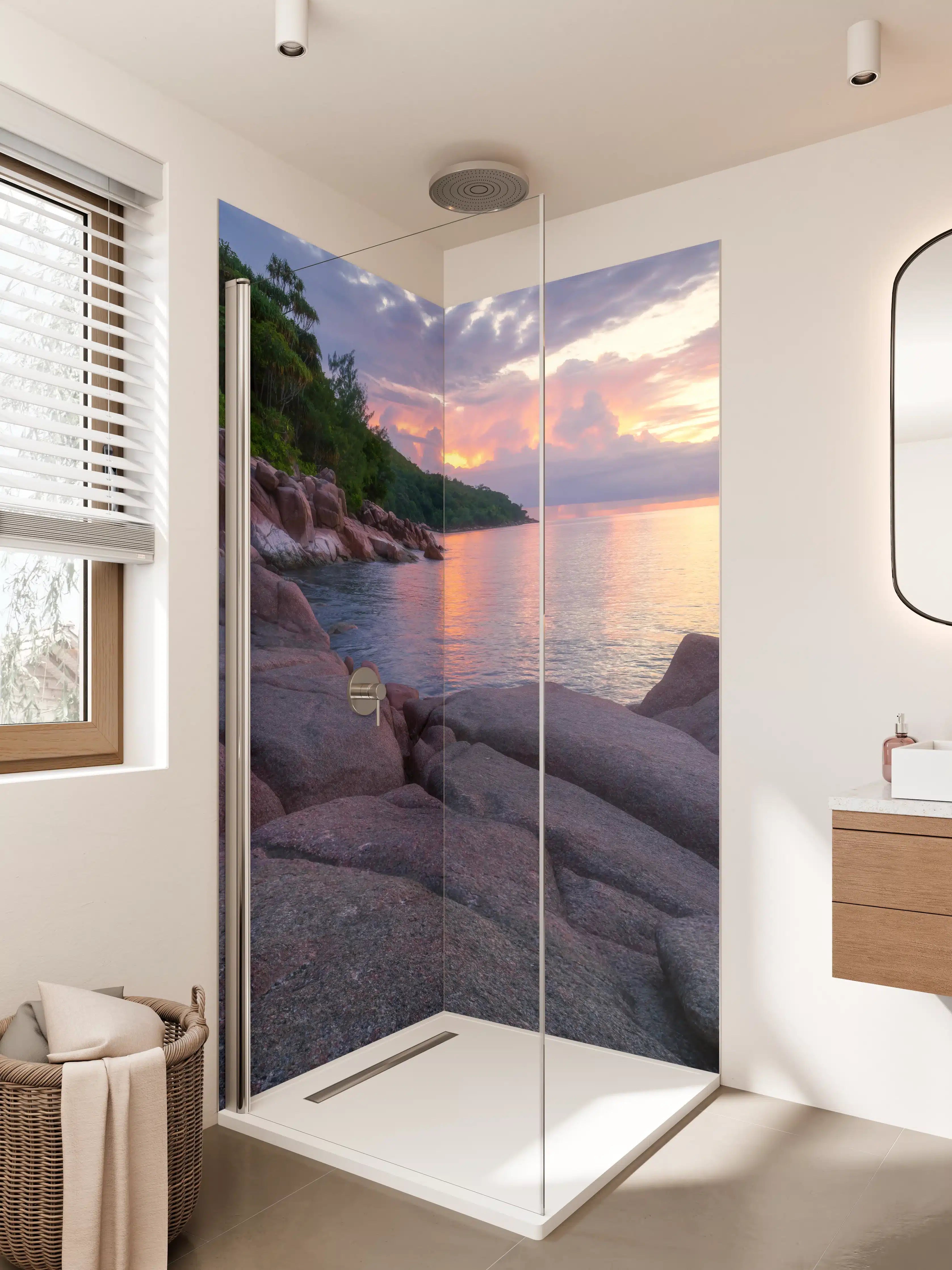 Duschrückwand - Sonnenuntergang am ruhigen See