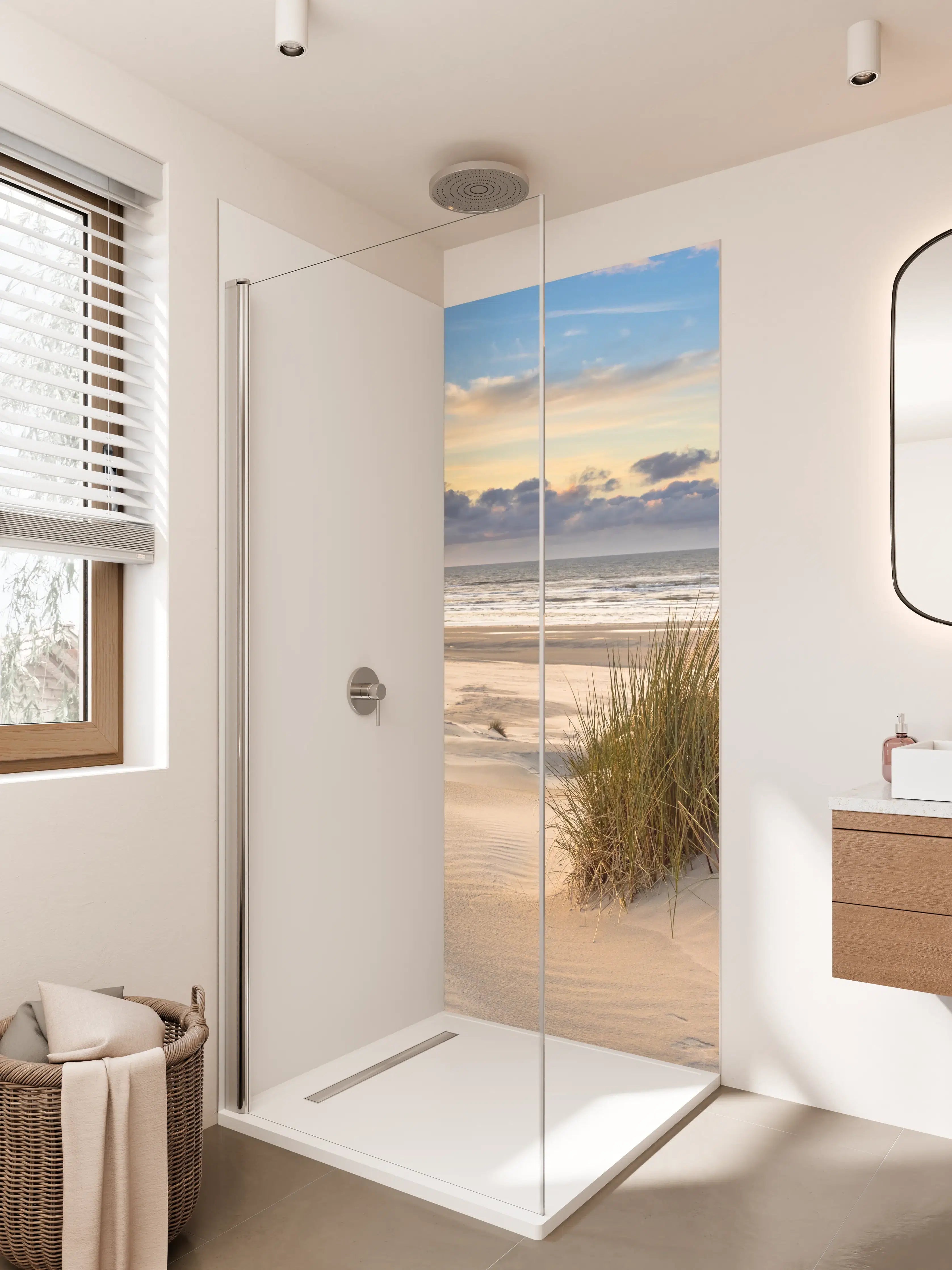 Duschrückwand - Sonnenuntergang an der Küste mit Sanddünen