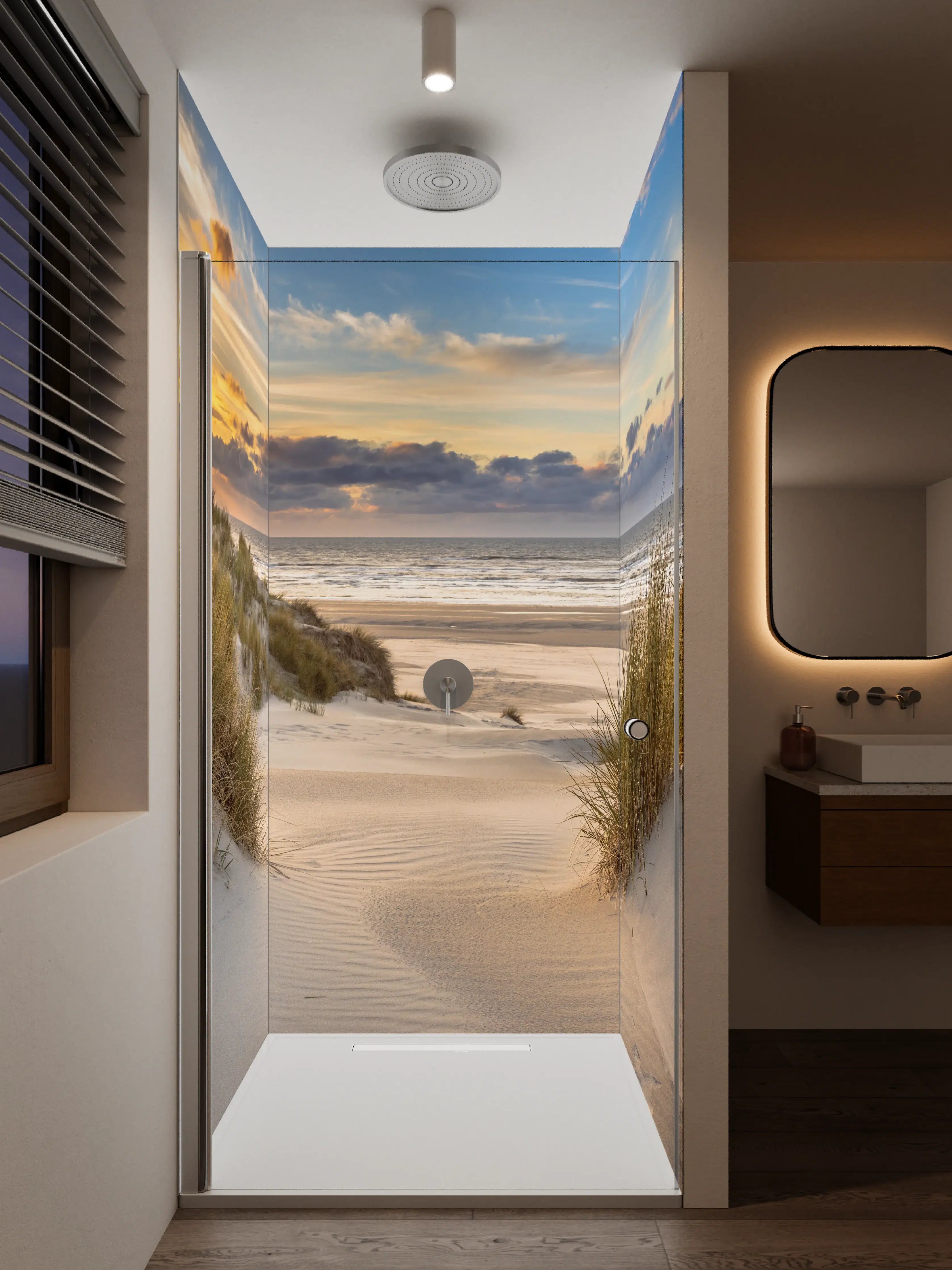 Duschrückwand - Sonnenuntergang an der Küste mit Sanddünen