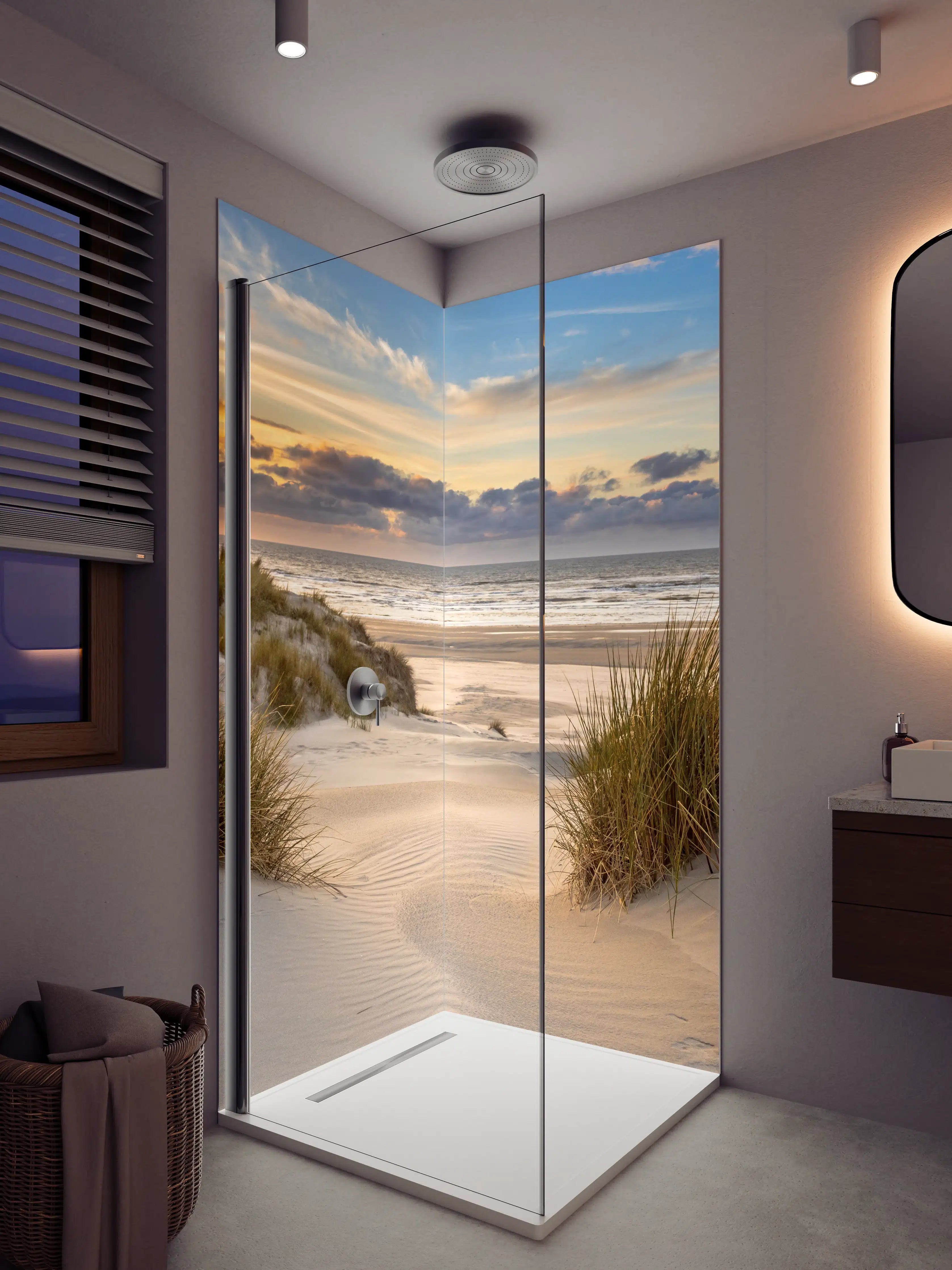 Duschrückwand - Sonnenuntergang an der Küste mit Sanddünen