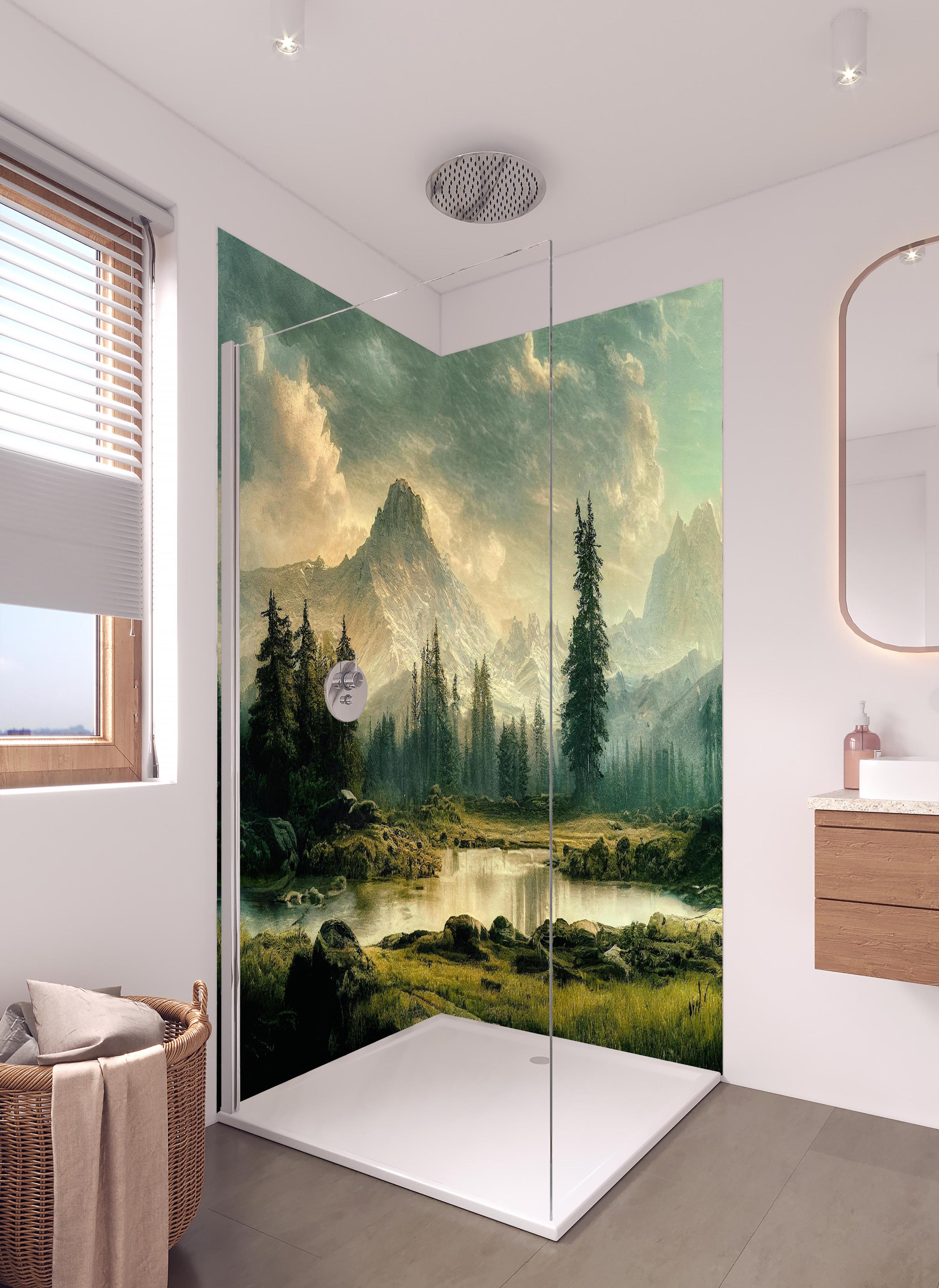 Duschrückwand - Sonnenuntergang in den Bergen in hellem Badezimmer mit Regenduschkopf - zweiteilige Eck-Duschrückwand