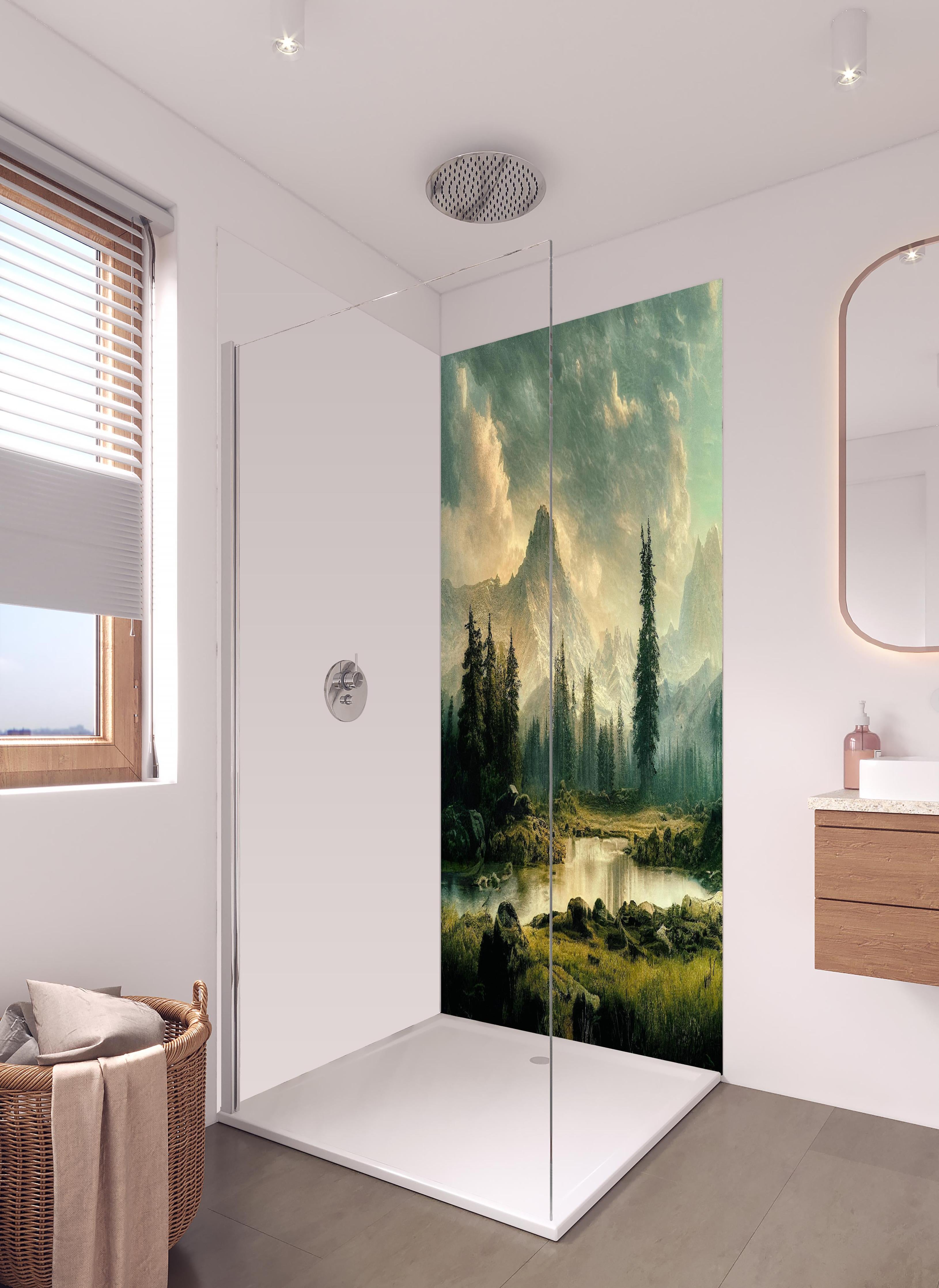 Duschrückwand - Sonnenuntergang in den Bergen in hellem Badezimmer mit Regenduschkopf - zweiteilige Eck-Duschrückwand