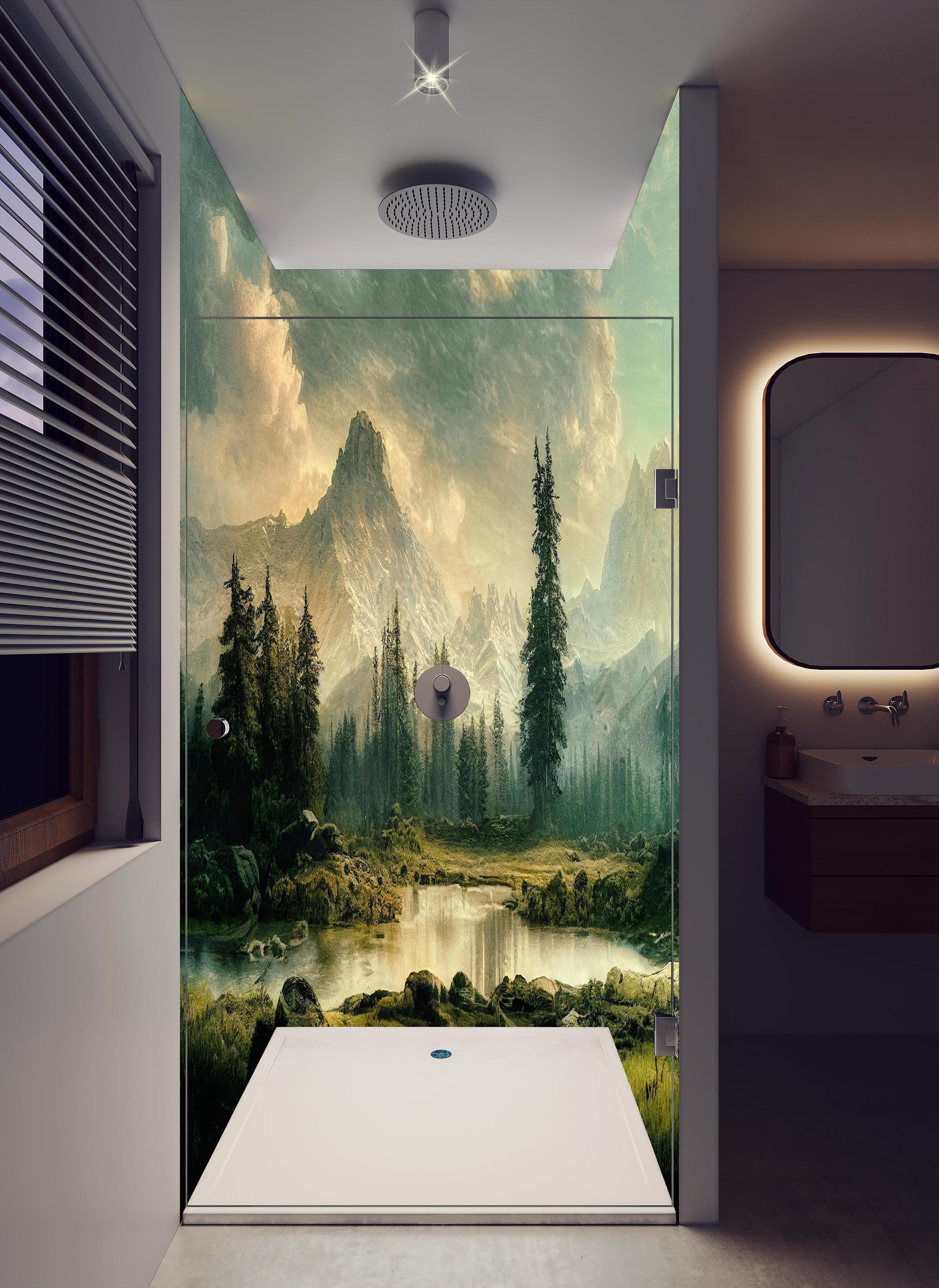 Duschrückwand - Sonnenuntergang in den Bergen in hellem Badezimmer mit Regenduschkopf - zweiteilige Eck-Duschrückwand