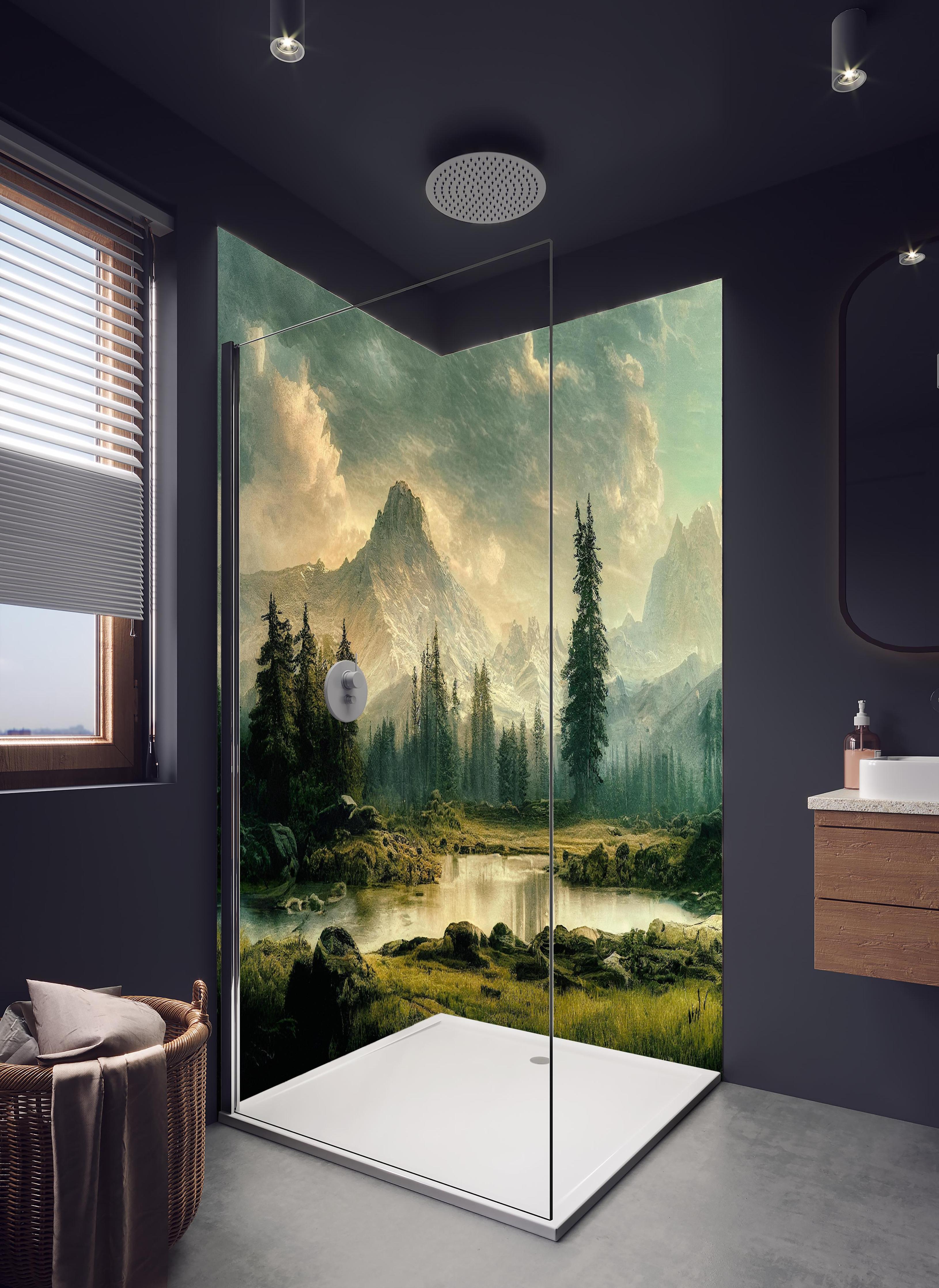 Duschrückwand - Sonnenuntergang in den Bergen in hellem Badezimmer mit Regenduschkopf - zweiteilige Eck-Duschrückwand