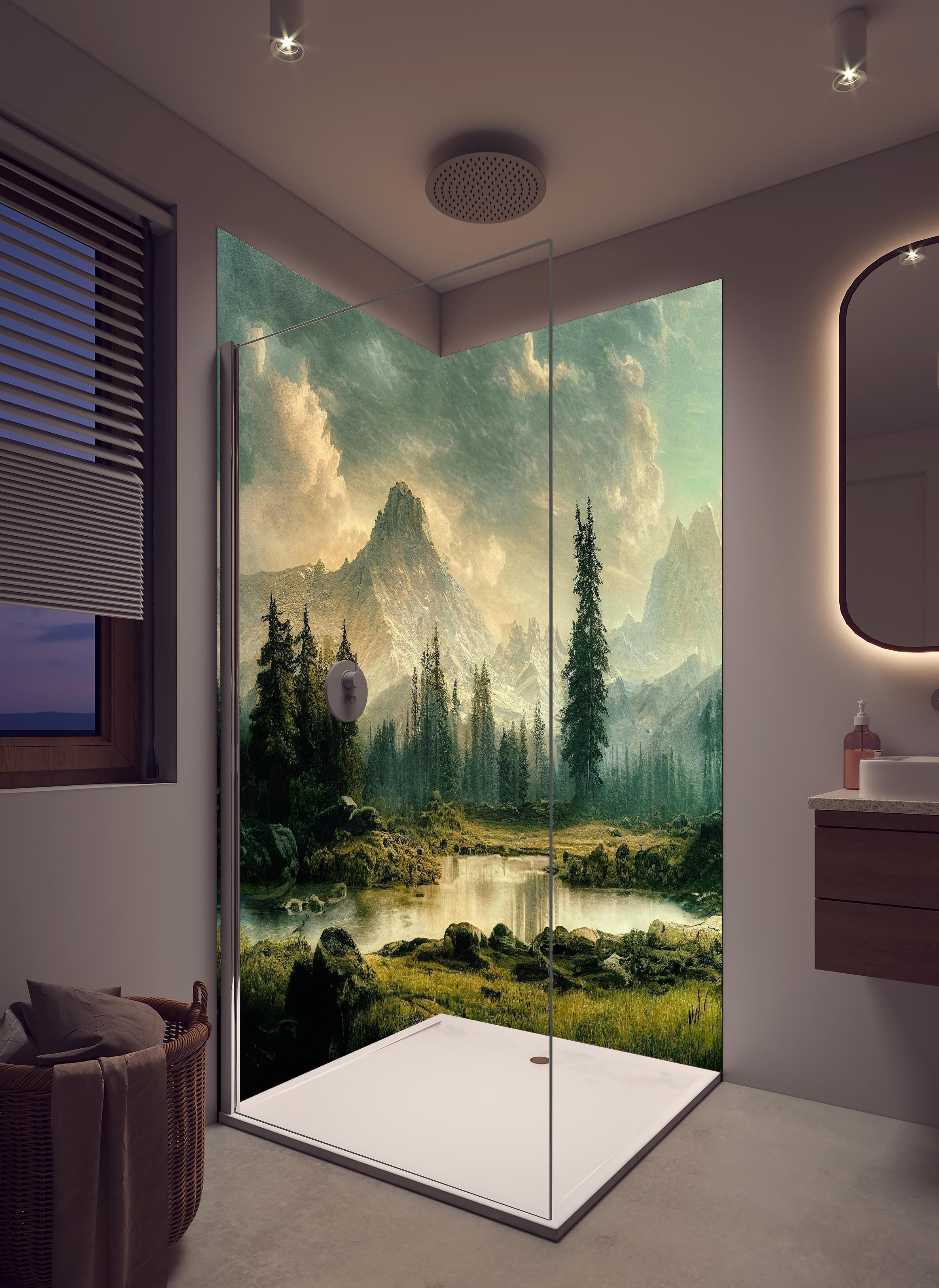 Duschrückwand - Sonnenuntergang in den Bergen in hellem Badezimmer mit Regenduschkopf - zweiteilige Eck-Duschrückwand