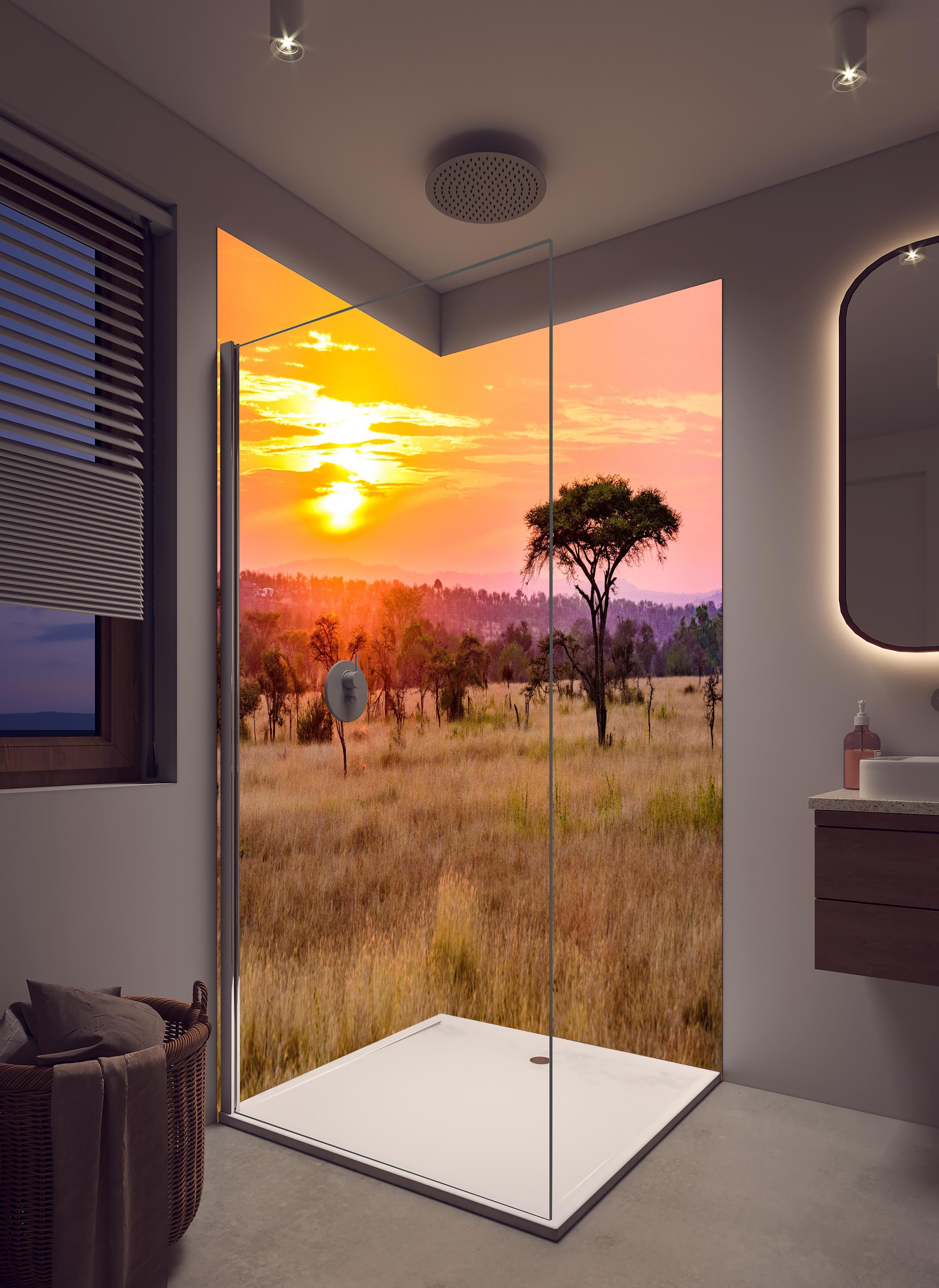 Duschrückwand - Sonnenuntergang in der Savanne Afrikas in hellem Badezimmer mit Regenduschkopf - zweiteilige Eck-Duschrückwand