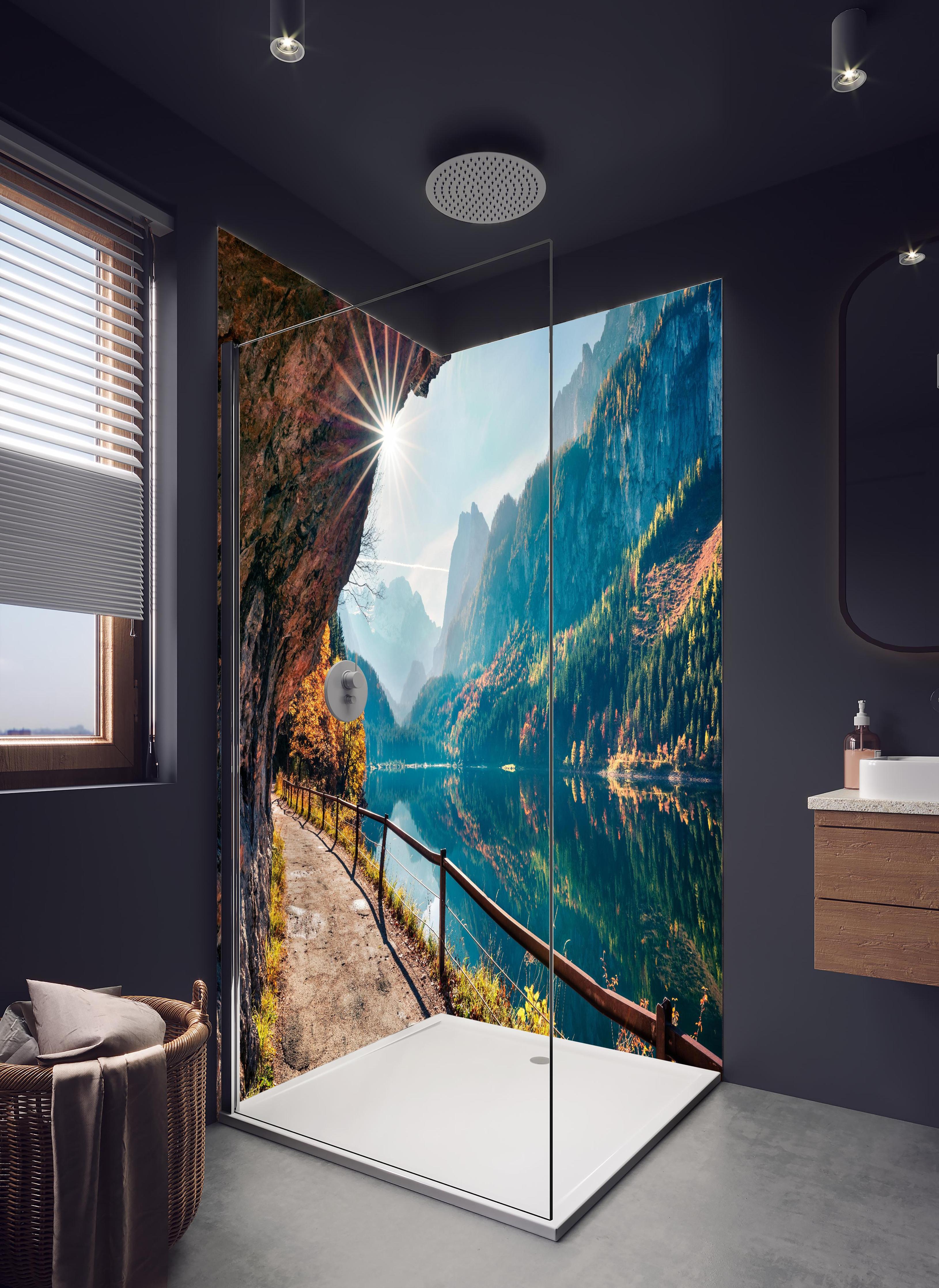 Duschrückwand - Sonnige Herbstszene am Gosausee in hellem Badezimmer mit Regenduschkopf - zweiteilige Eck-Duschrückwand