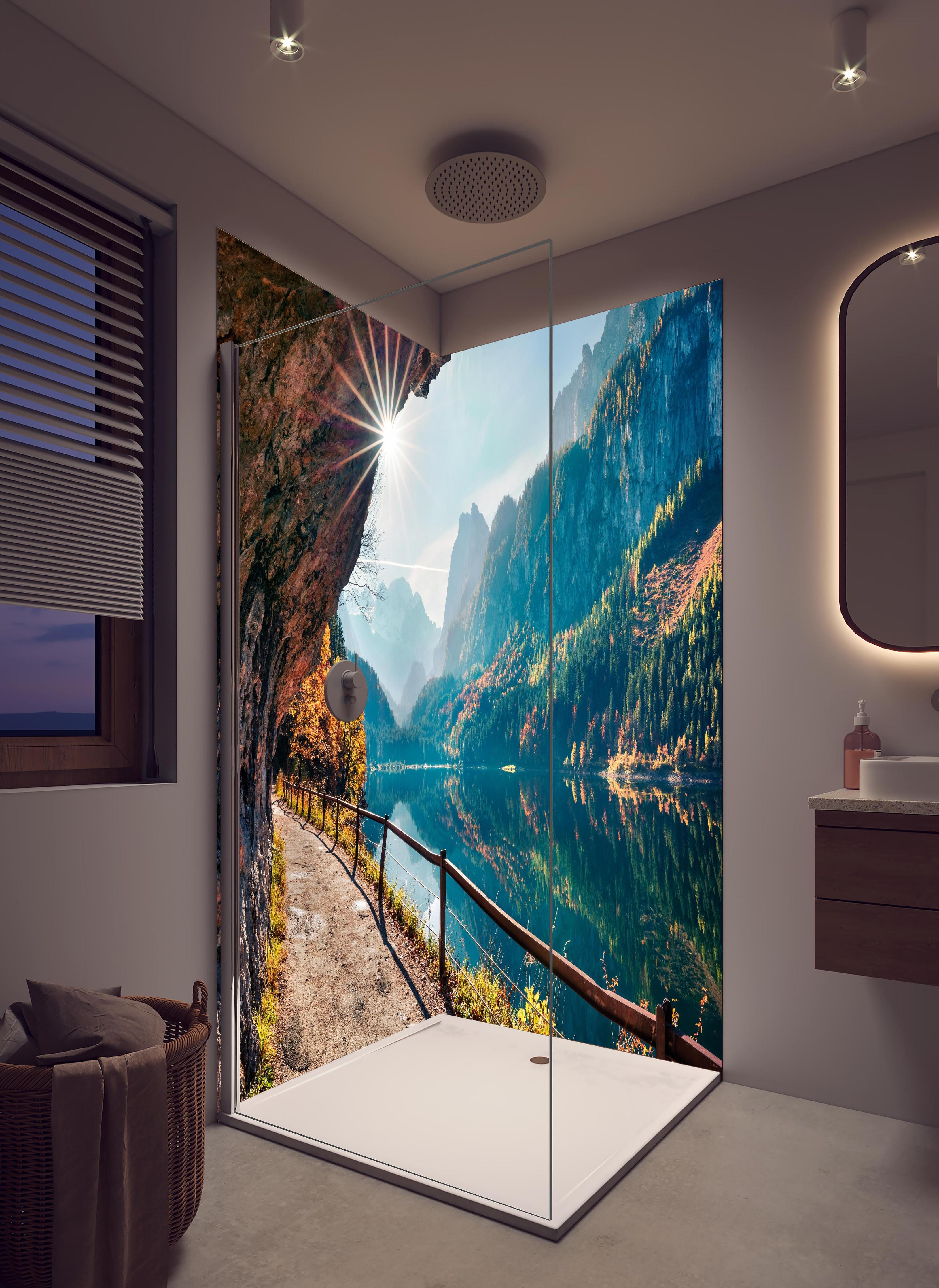 Duschrückwand - Sonnige Herbstszene am Gosausee in hellem Badezimmer mit Regenduschkopf - zweiteilige Eck-Duschrückwand