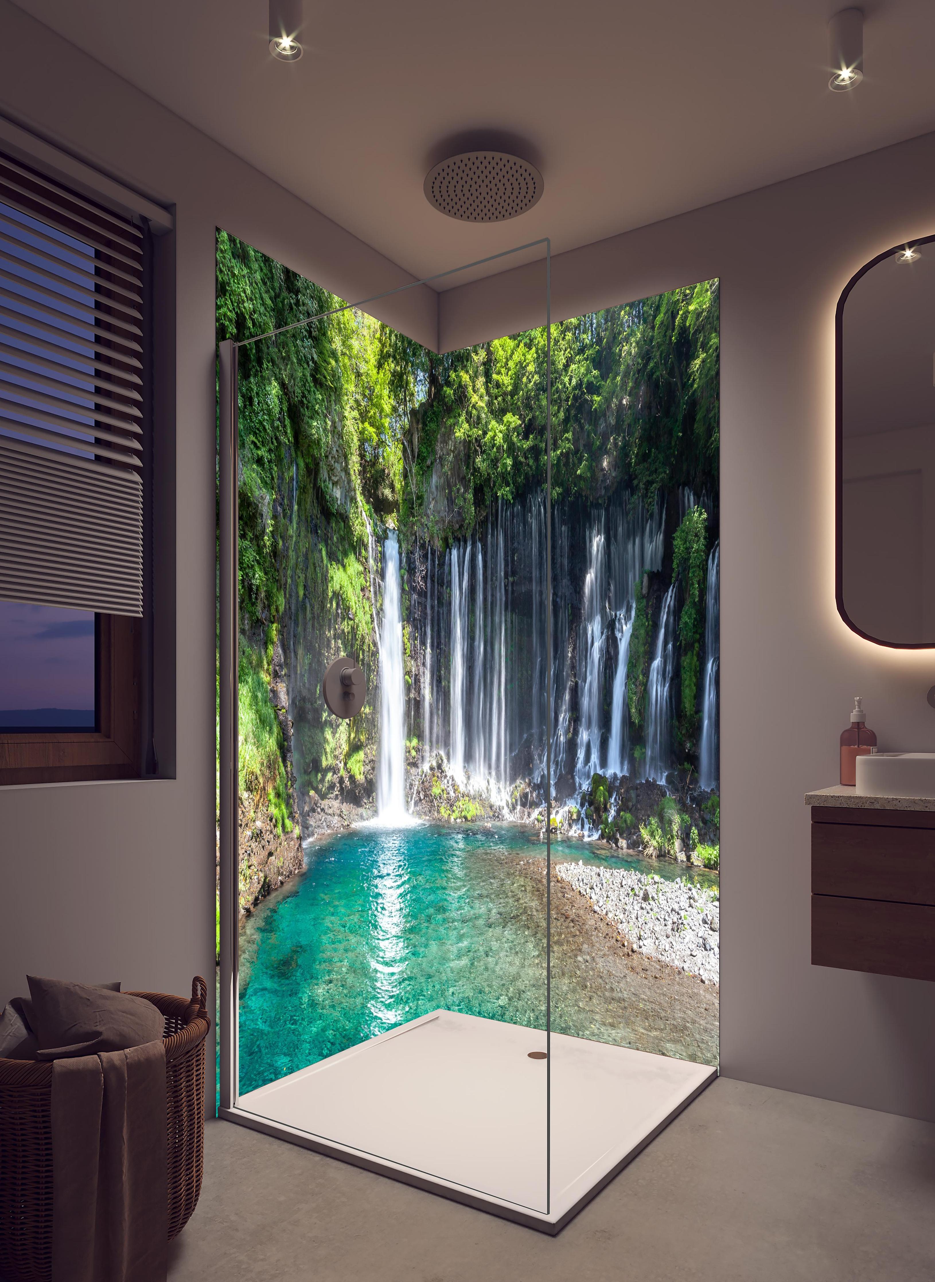 Duschrückwand - Sonniger Shiraito-Wasserfall in hellem Badezimmer mit Regenduschkopf - zweiteilige Eck-Duschrückwand