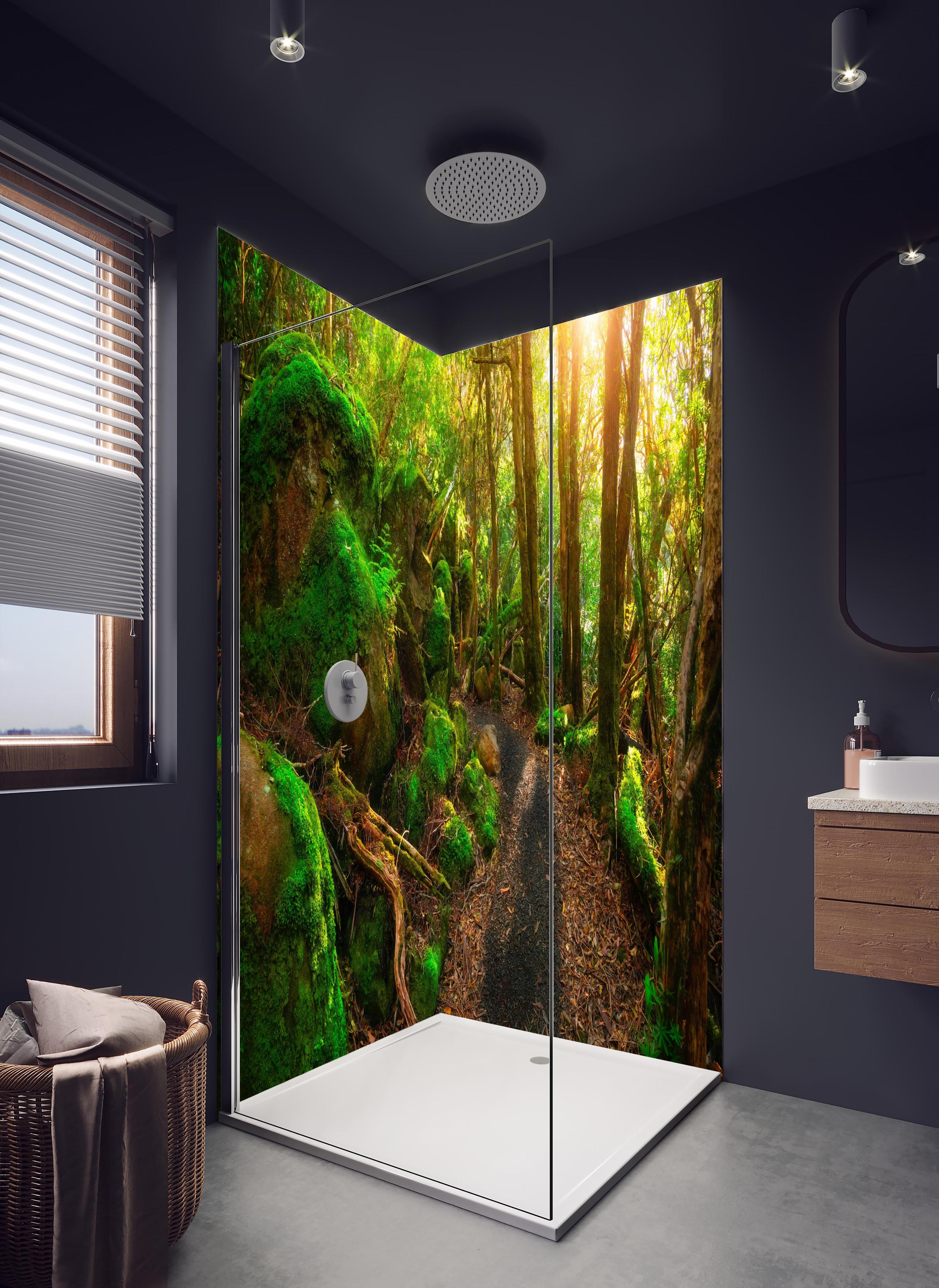 Duschrückwand - Sonniger Wald in Tasmanien in hellem Badezimmer mit Regenduschkopf - zweiteilige Eck-Duschrückwand