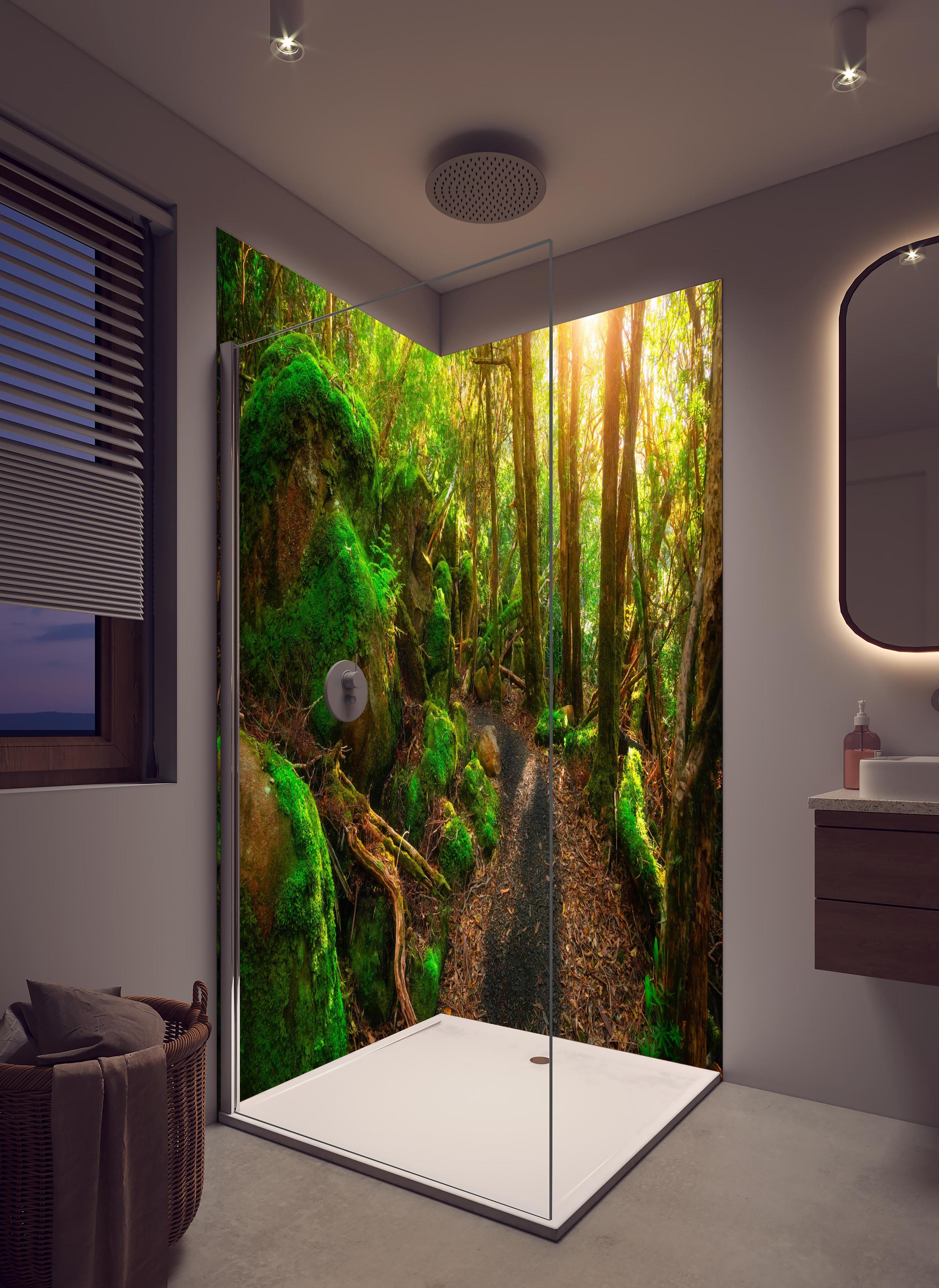 Duschrückwand - Sonniger Wald in Tasmanien in hellem Badezimmer mit Regenduschkopf - zweiteilige Eck-Duschrückwand