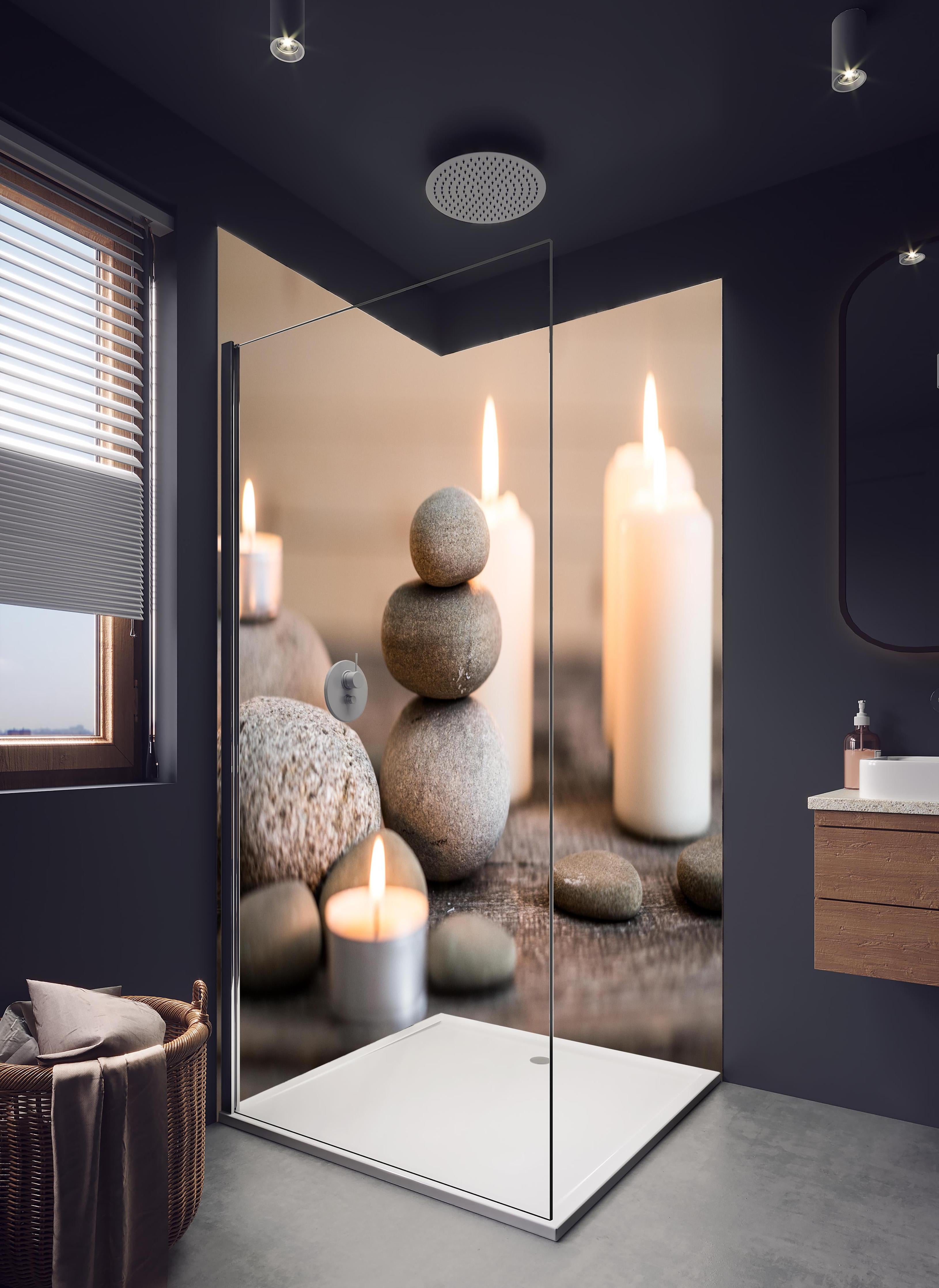 Duschrückwand - Spa-Stillleben mit Kerzen in hellem Badezimmer mit Regenduschkopf - zweiteilige Eck-Duschrückwand