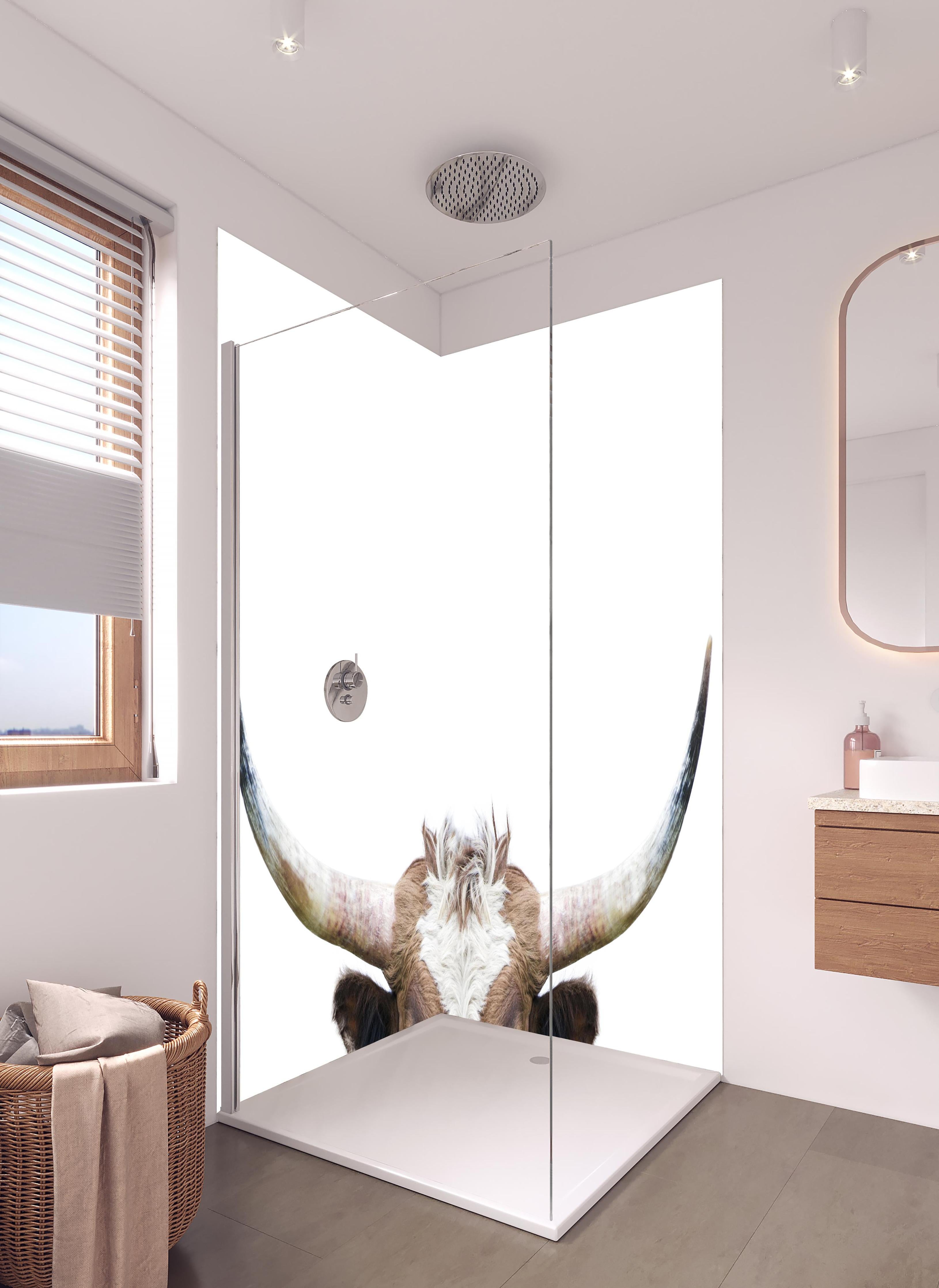 Duschrückwand - Spähende Longhorn-Kuh in hellem Badezimmer mit Regenduschkopf - zweiteilige Eck-Duschrückwand