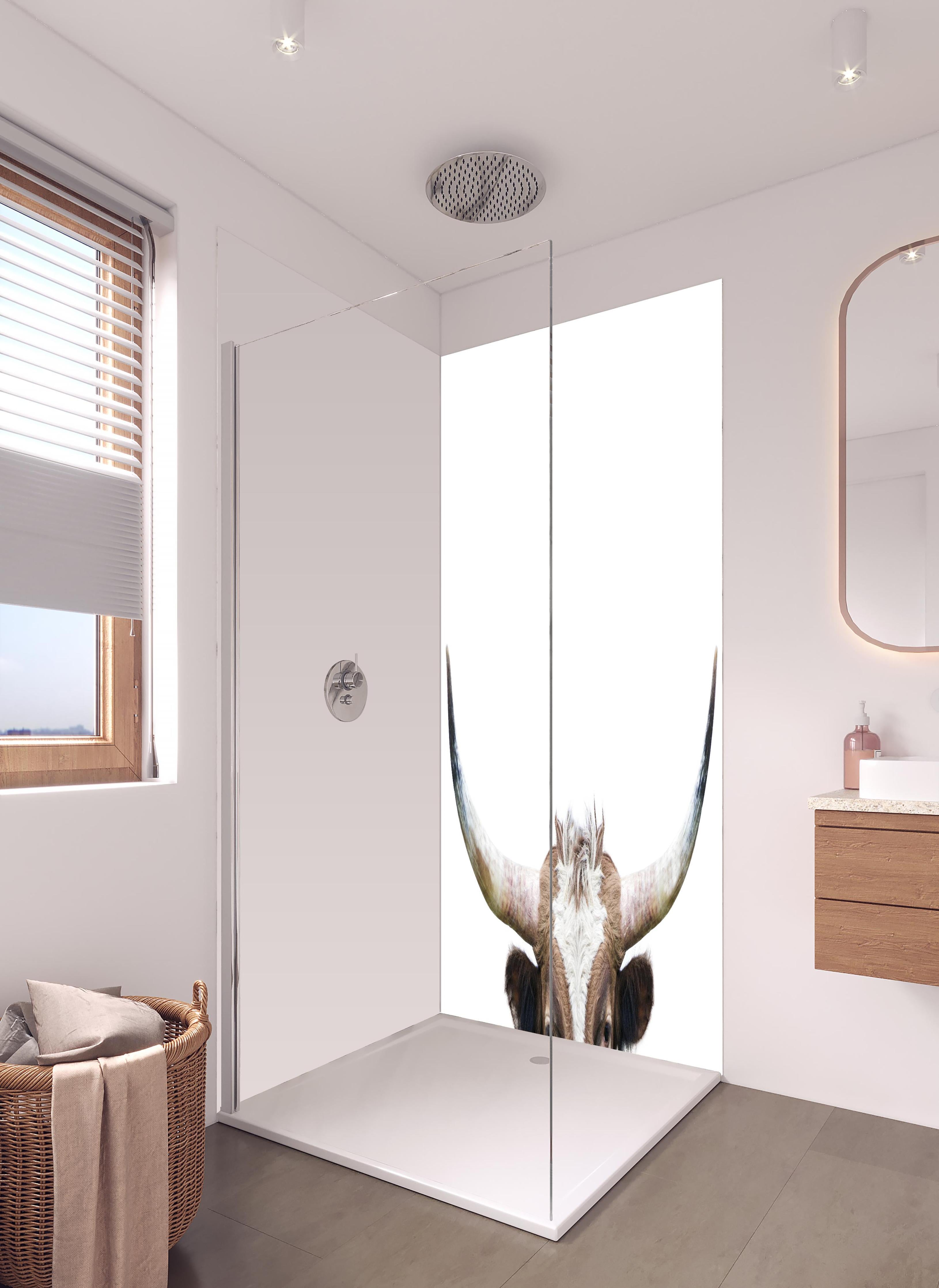 Duschrückwand - Spähende Longhorn-Kuh in hellem Badezimmer mit Regenduschkopf - zweiteilige Eck-Duschrückwand