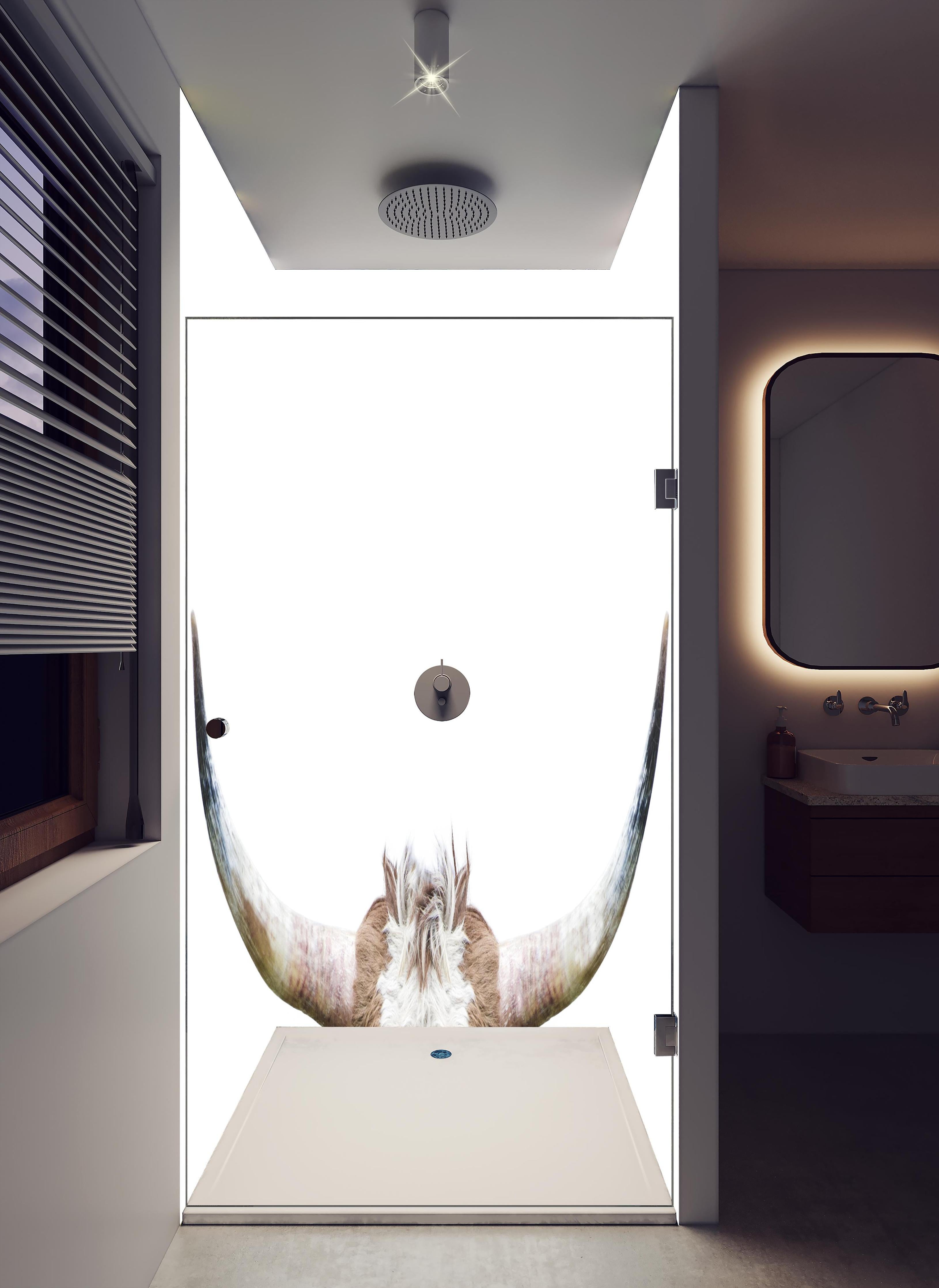 Duschrückwand - Spähende Longhorn-Kuh in hellem Badezimmer mit Regenduschkopf - zweiteilige Eck-Duschrückwand
