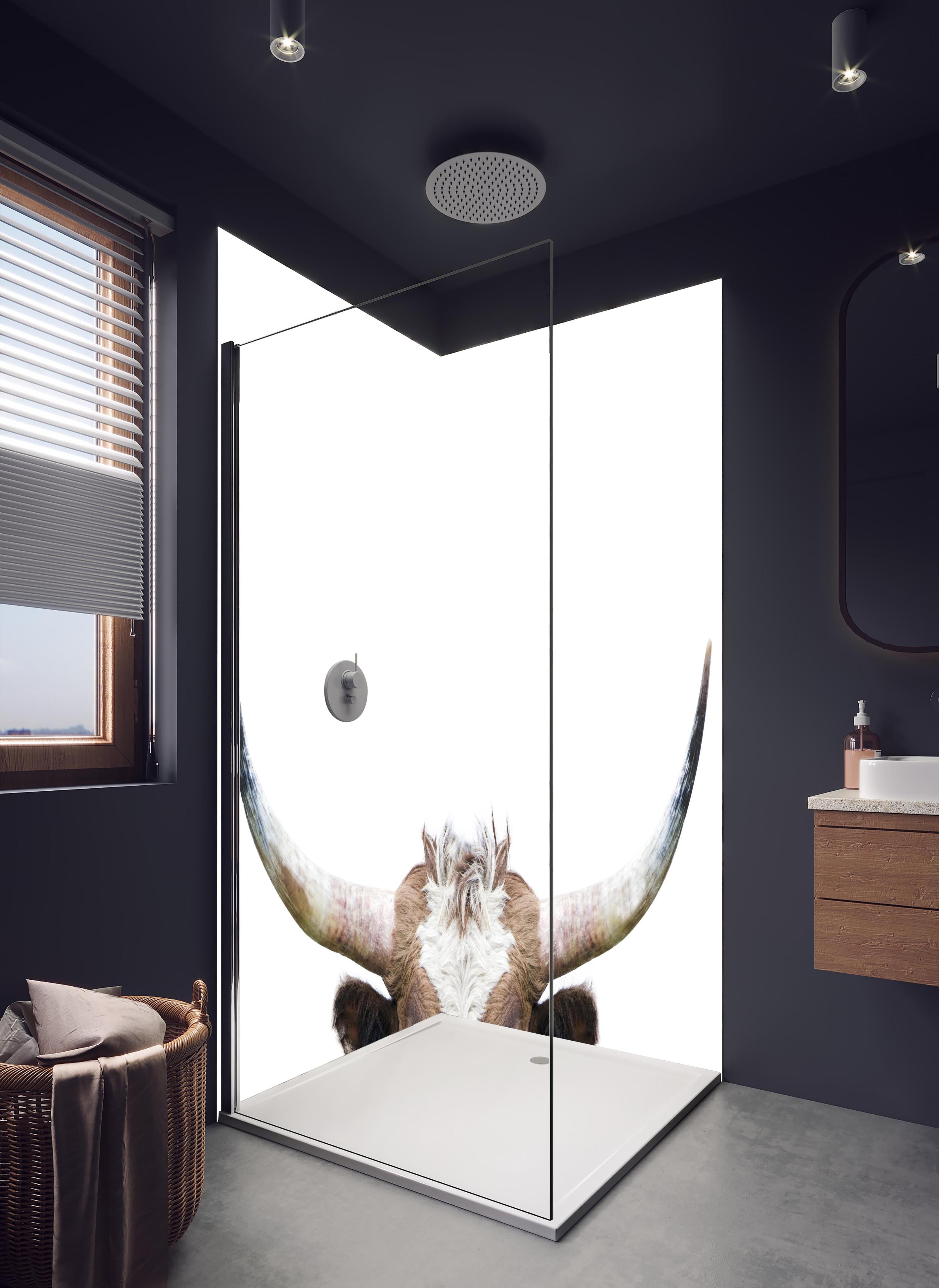 Duschrückwand - Spähende Longhorn-Kuh in hellem Badezimmer mit Regenduschkopf - zweiteilige Eck-Duschrückwand