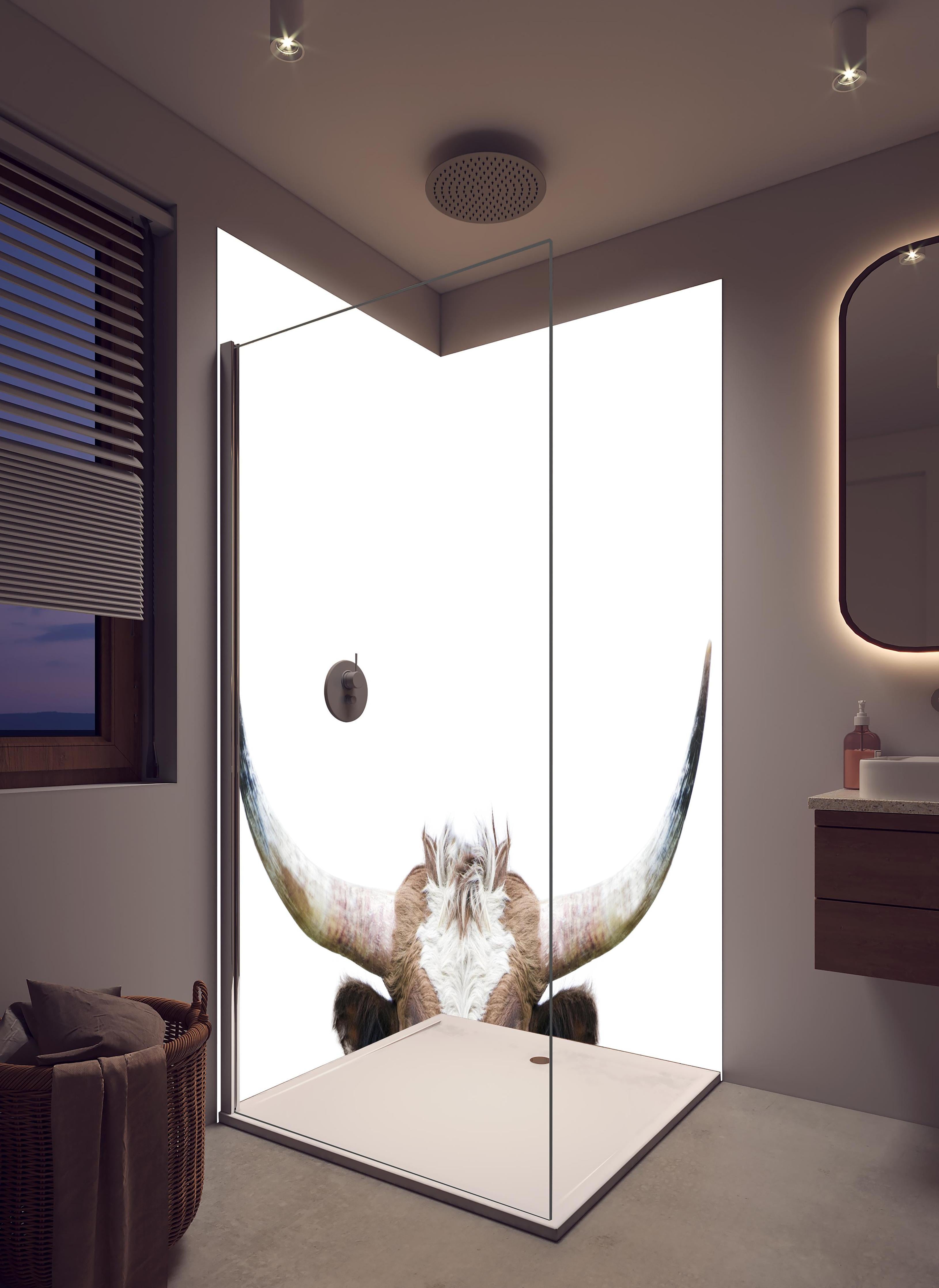 Duschrückwand - Spähende Longhorn-Kuh in hellem Badezimmer mit Regenduschkopf - zweiteilige Eck-Duschrückwand