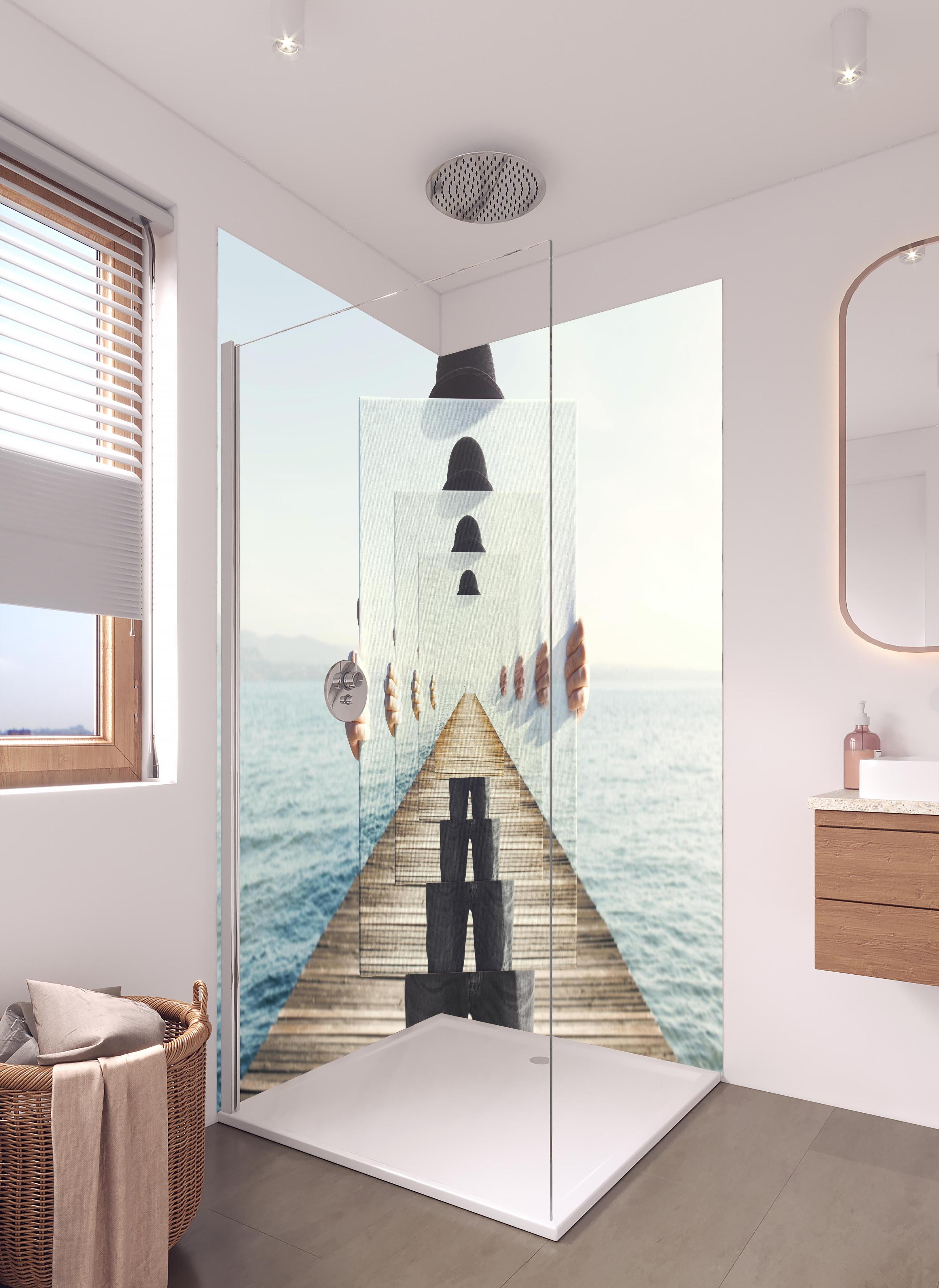 Duschrückwand - Spiegel-Illusion auf einem Meeres-Steg in hellem Badezimmer mit Regenduschkopf - zweiteilige Eck-Duschrückwand