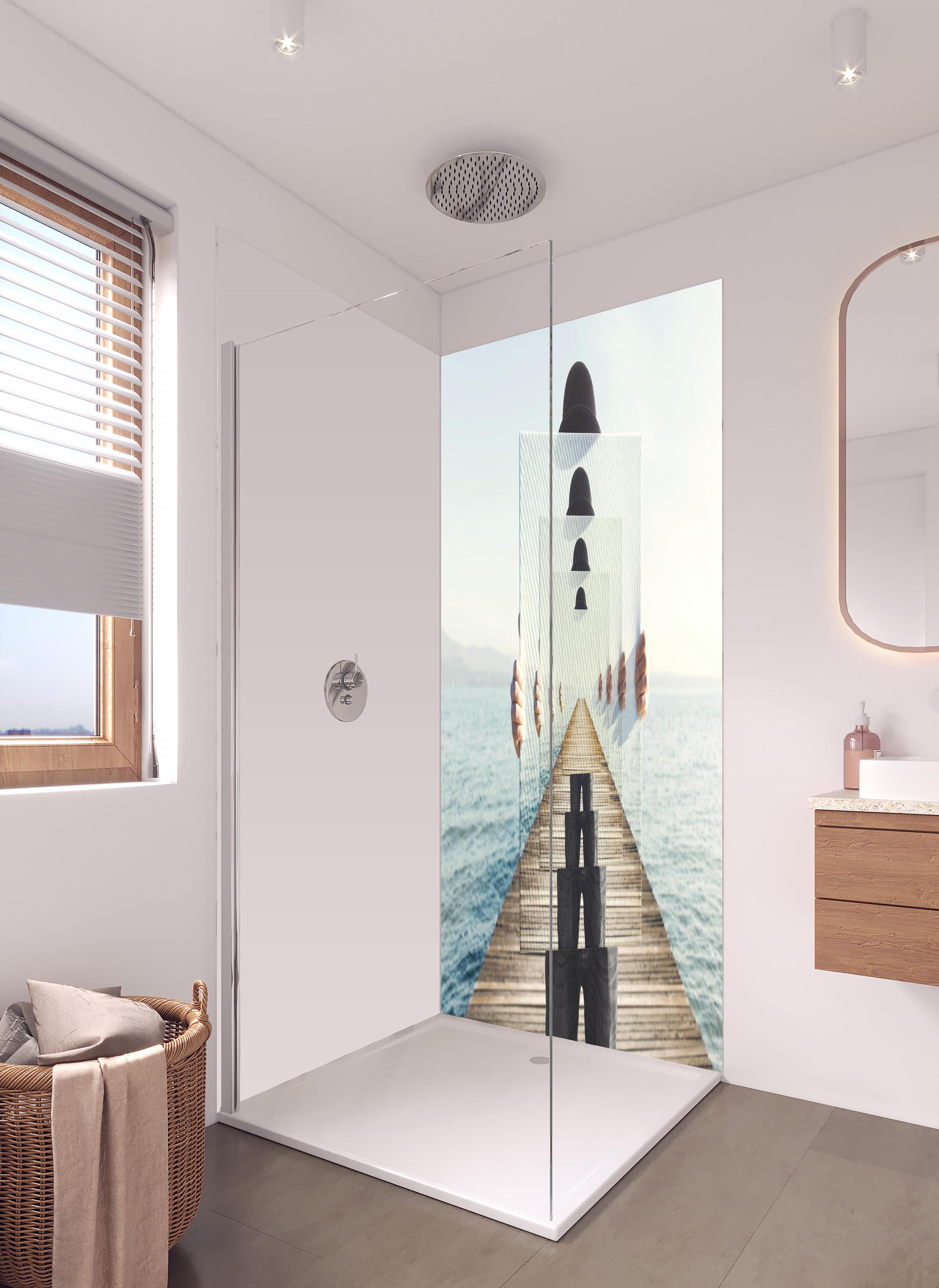 Duschrückwand - Spiegel-Illusion auf einem Meeres-Steg in hellem Badezimmer mit Regenduschkopf - zweiteilige Eck-Duschrückwand