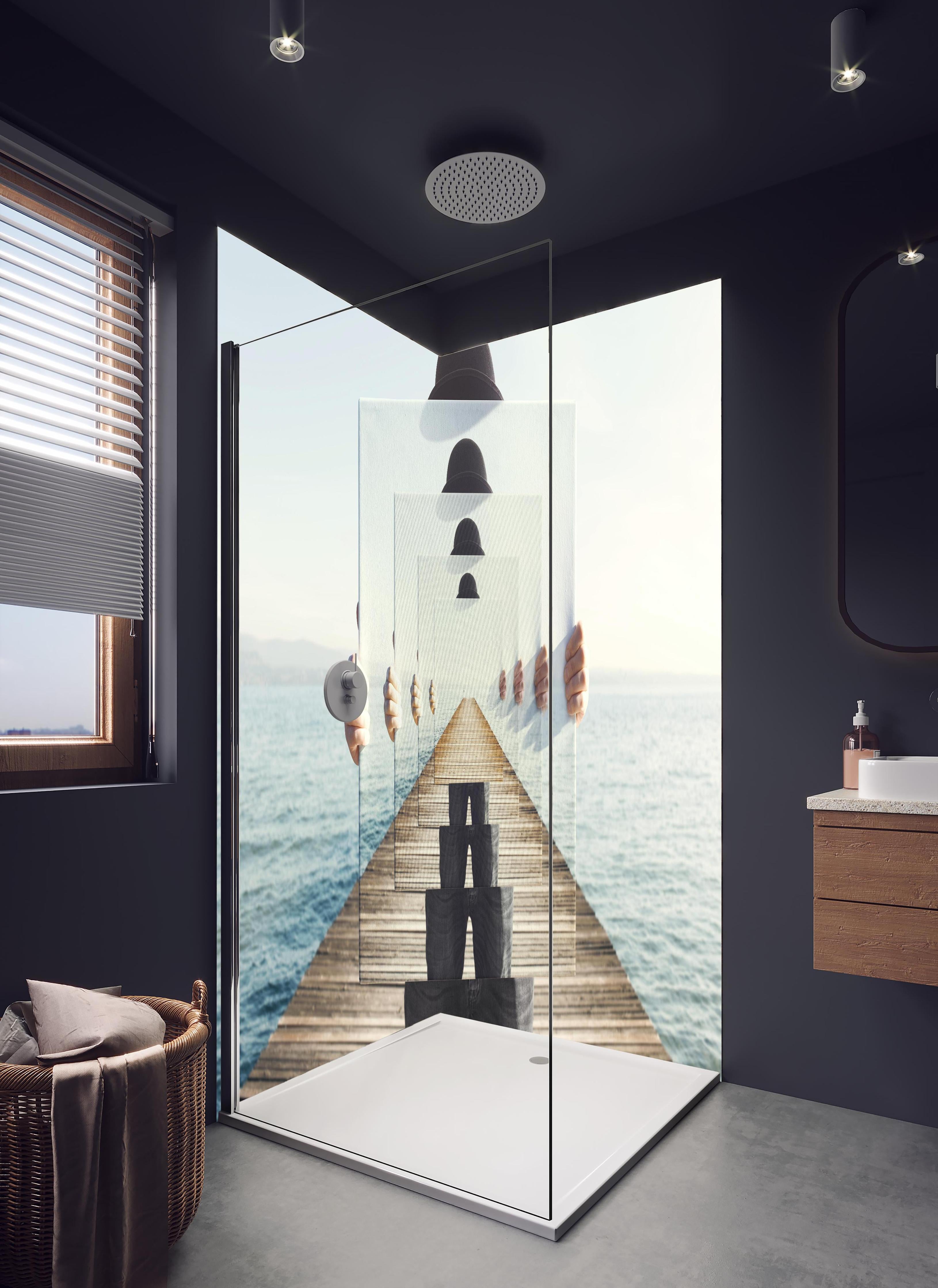 Duschrückwand - Spiegel-Illusion auf einem Meeres-Steg in hellem Badezimmer mit Regenduschkopf - zweiteilige Eck-Duschrückwand
