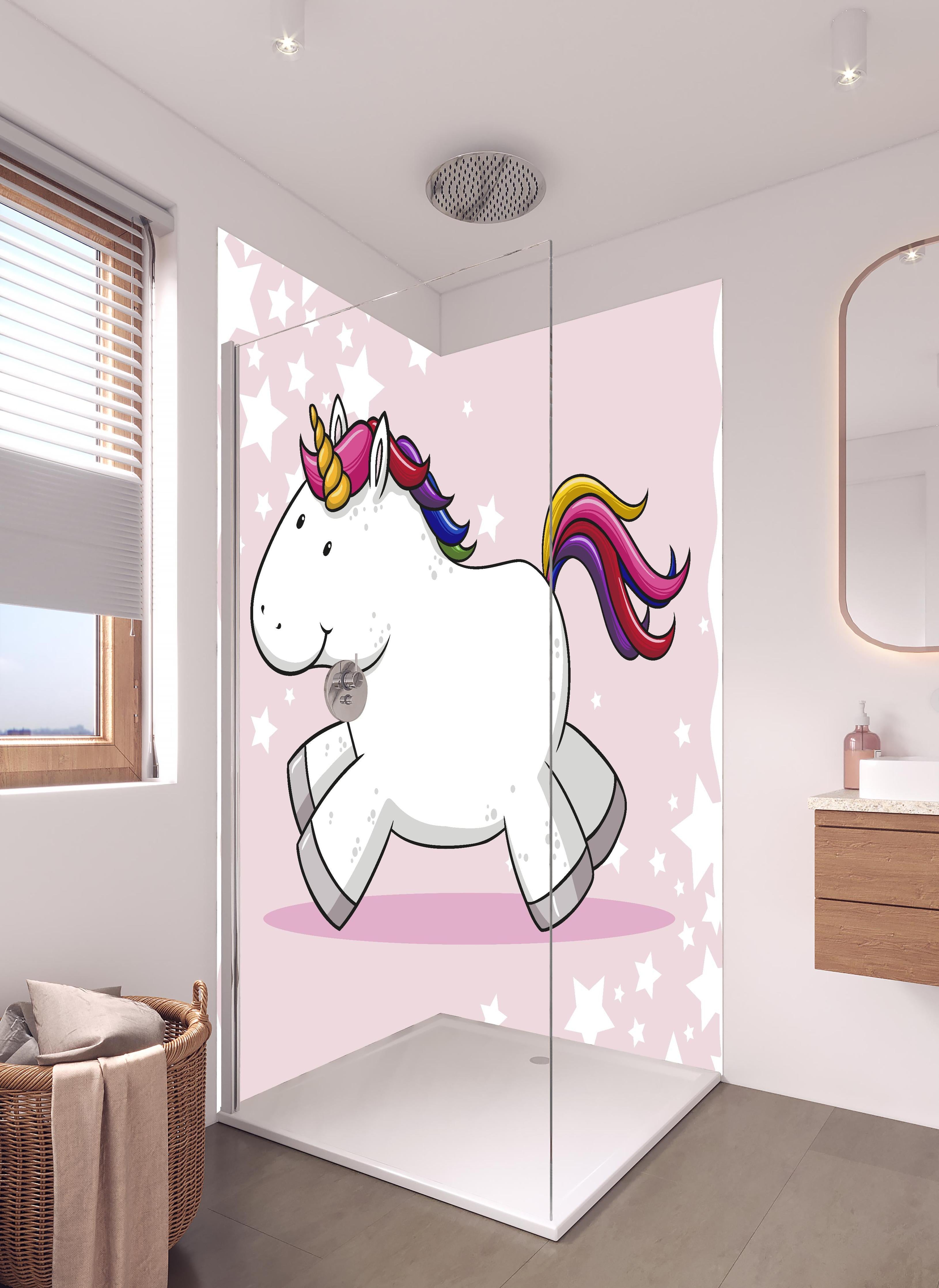 Duschrückwand - Spielzeug-Einhorn mit bunter Mähne Illustration in hellem Badezimmer mit Regenduschkopf - zweiteilige Eck-Duschrückwand