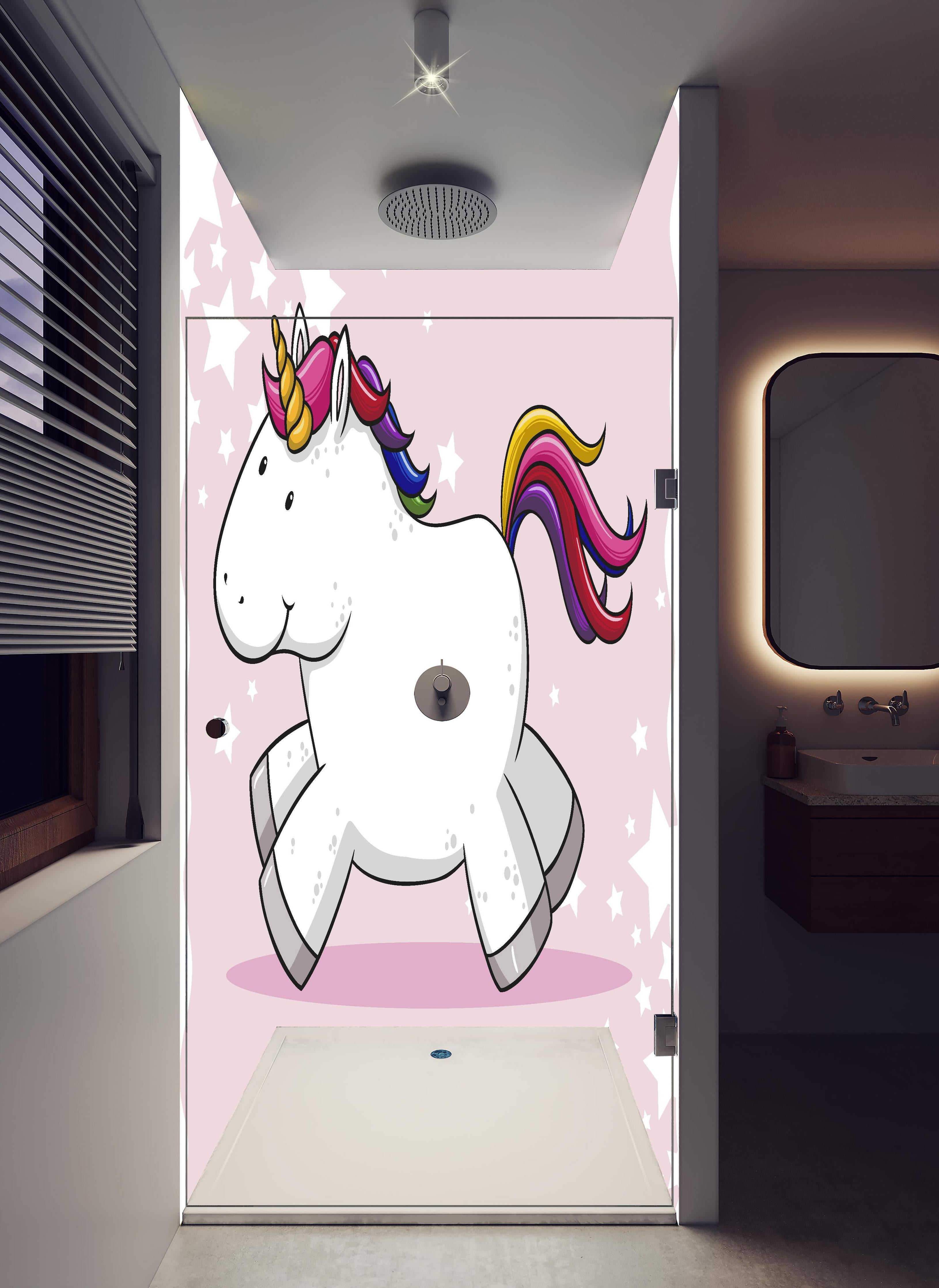 Duschrückwand - Spielzeug-Einhorn mit bunter Mähne Illustration in hellem Badezimmer mit Regenduschkopf - zweiteilige Eck-Duschrückwand