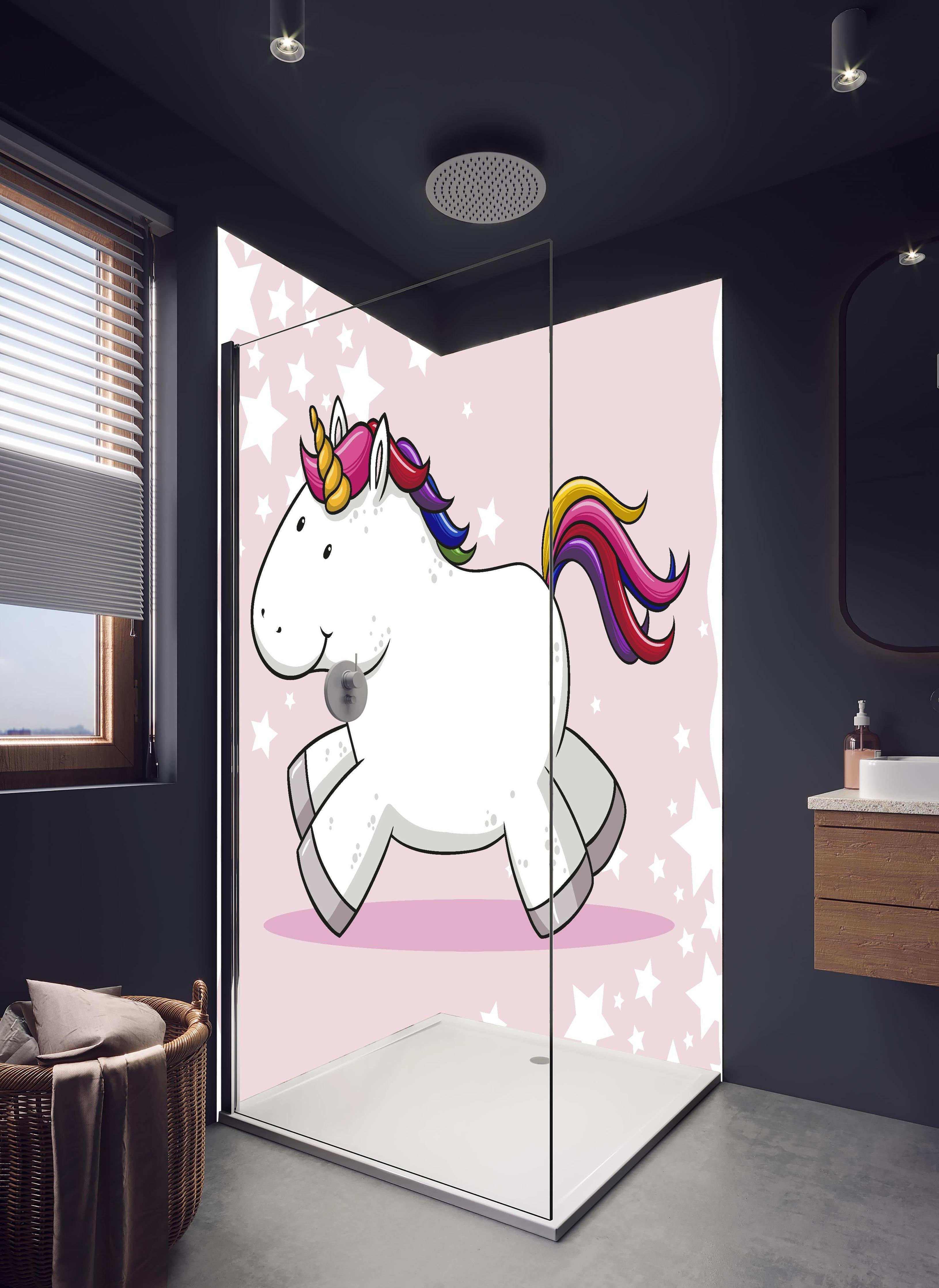 Duschrückwand - Spielzeug-Einhorn mit bunter Mähne Illustration in hellem Badezimmer mit Regenduschkopf - zweiteilige Eck-Duschrückwand