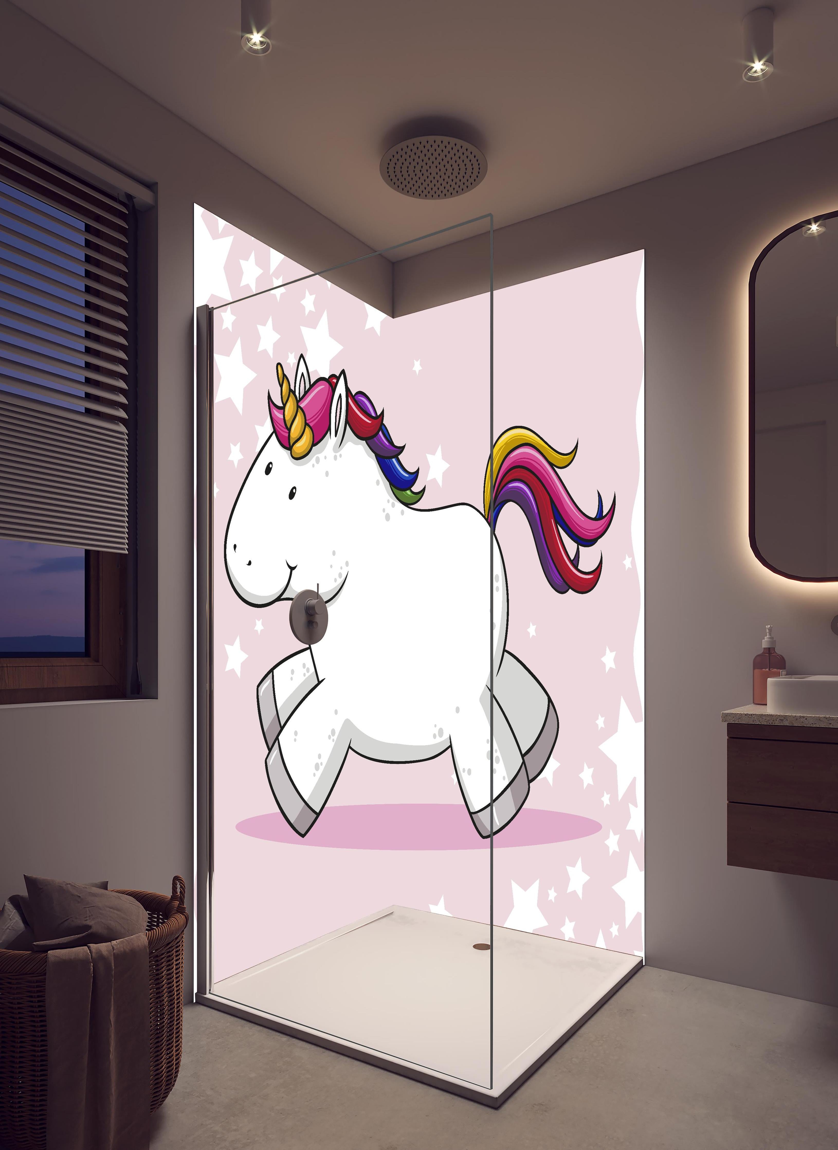 Duschrückwand - Spielzeug-Einhorn mit bunter Mähne Illustration in hellem Badezimmer mit Regenduschkopf - zweiteilige Eck-Duschrückwand