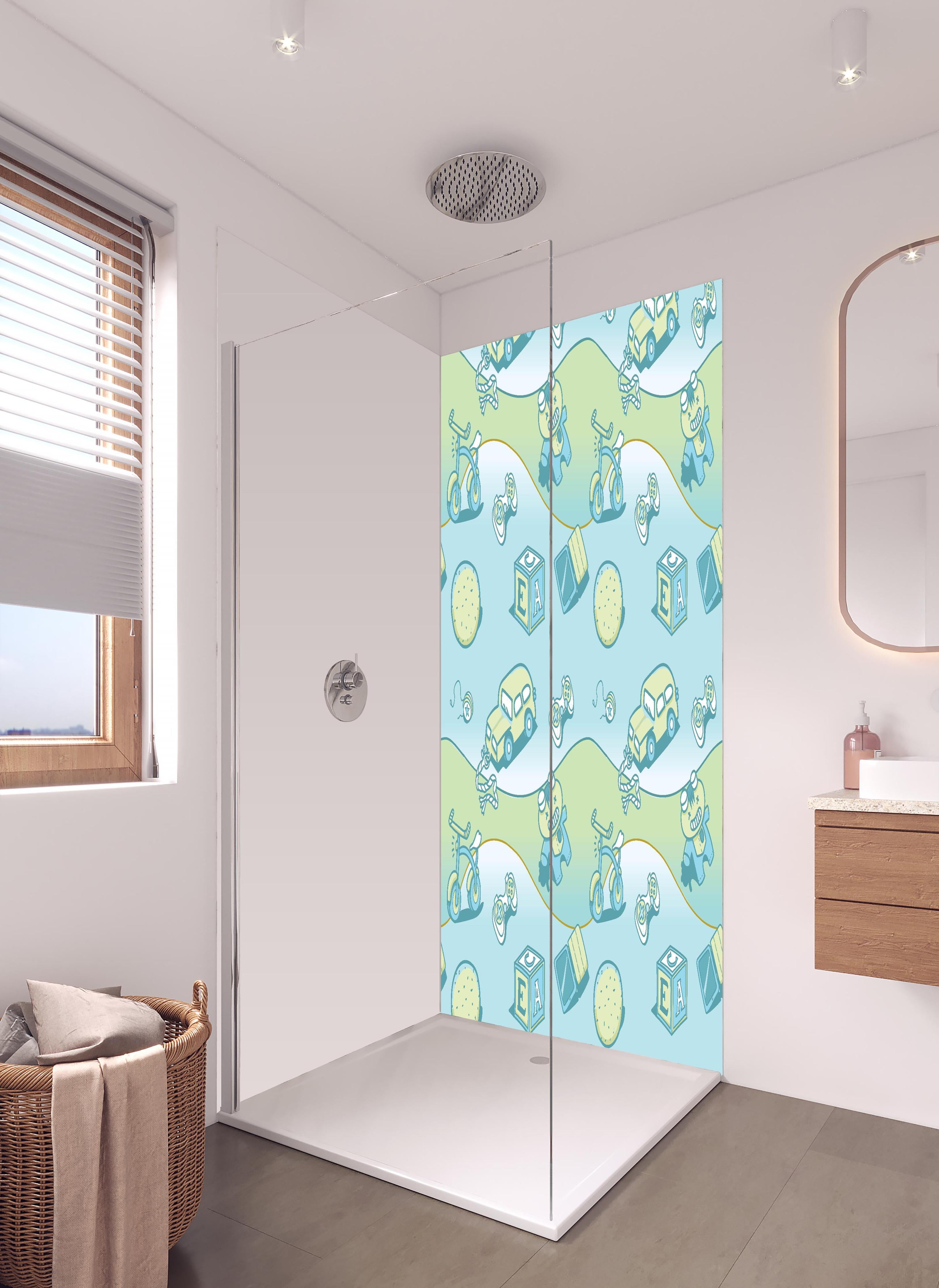 Duschrückwand - Spielzeug Illustrationsmuster Blau Gelb in hellem Badezimmer mit Regenduschkopf - zweiteilige Eck-Duschrückwand