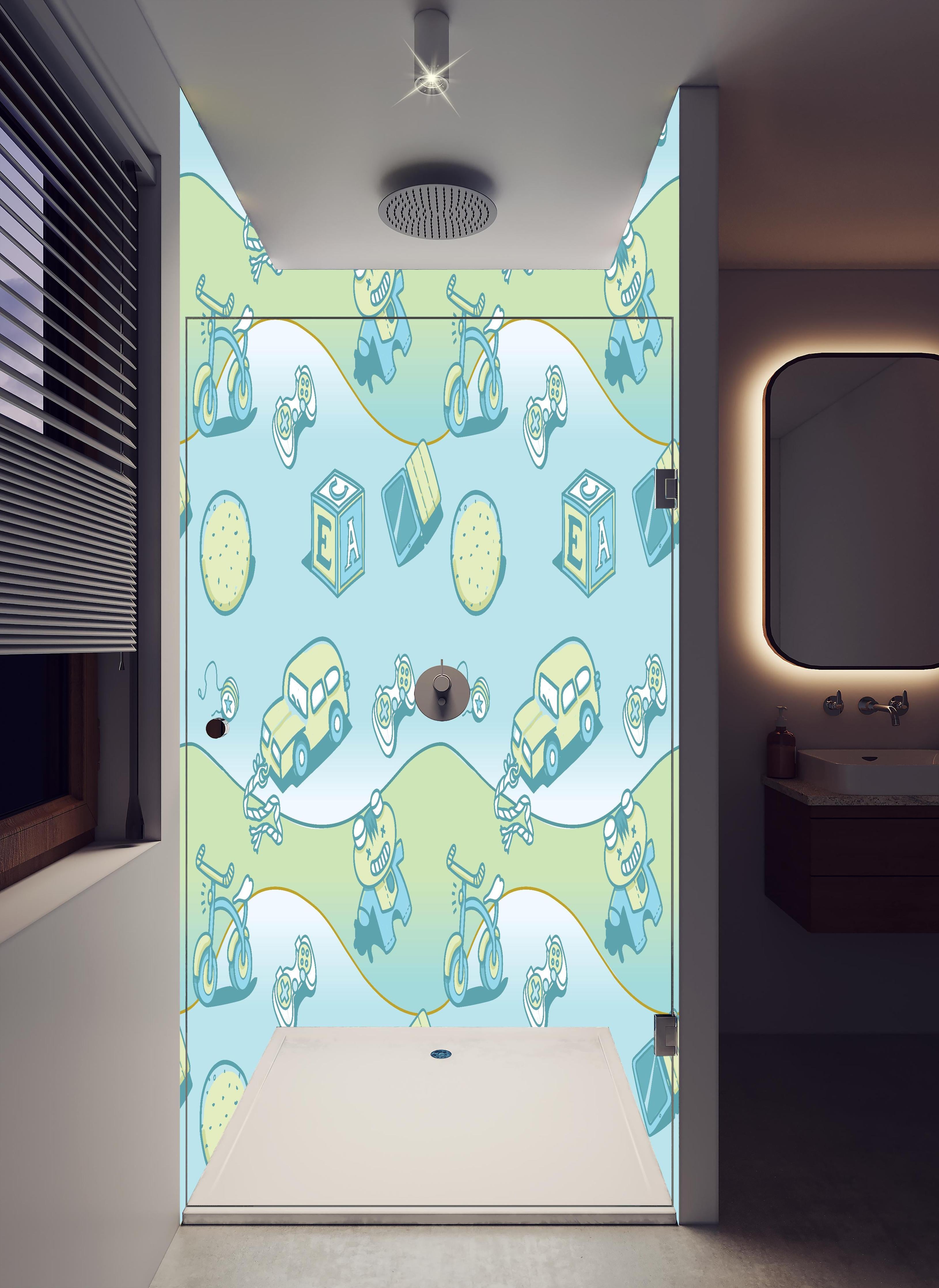 Duschrückwand - Spielzeug Illustrationsmuster Blau Gelb in hellem Badezimmer mit Regenduschkopf - zweiteilige Eck-Duschrückwand