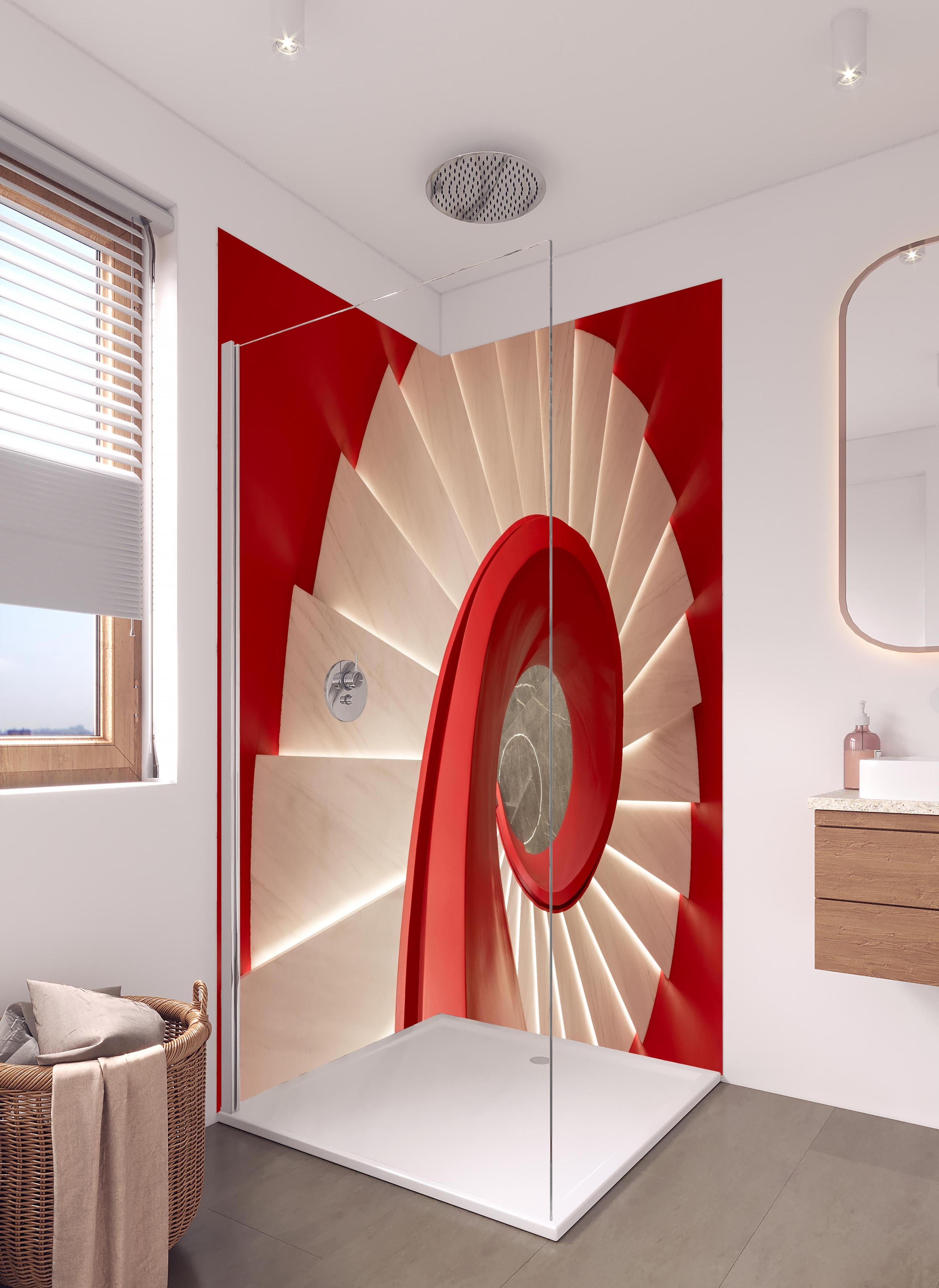Duschrückwand - Spirale Treppe - Rötlich in hellem Badezimmer mit Regenduschkopf - zweiteilige Eck-Duschrückwand