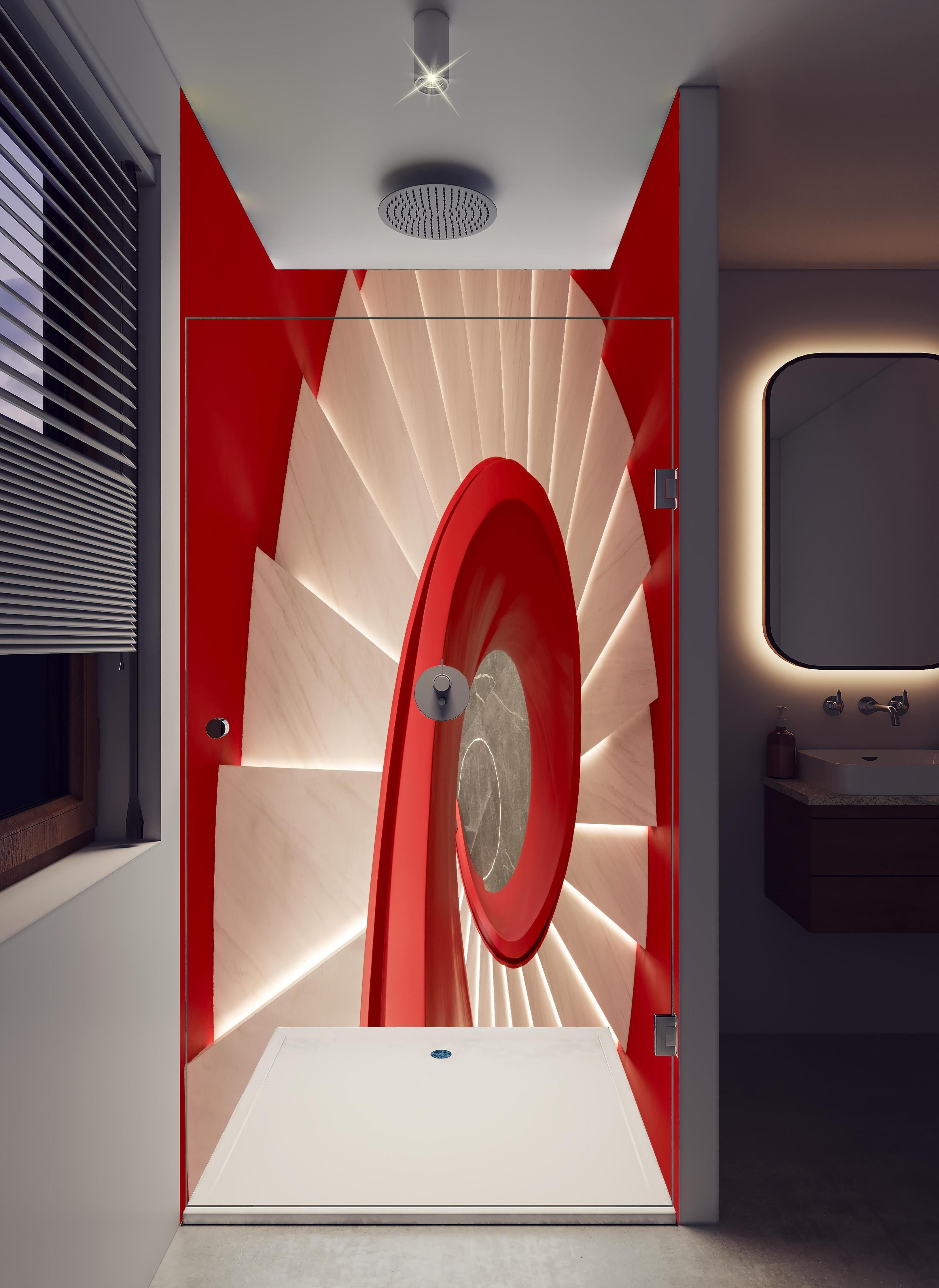 Duschrückwand - Spirale Treppe - Rötlich in hellem Badezimmer mit Regenduschkopf - zweiteilige Eck-Duschrückwand