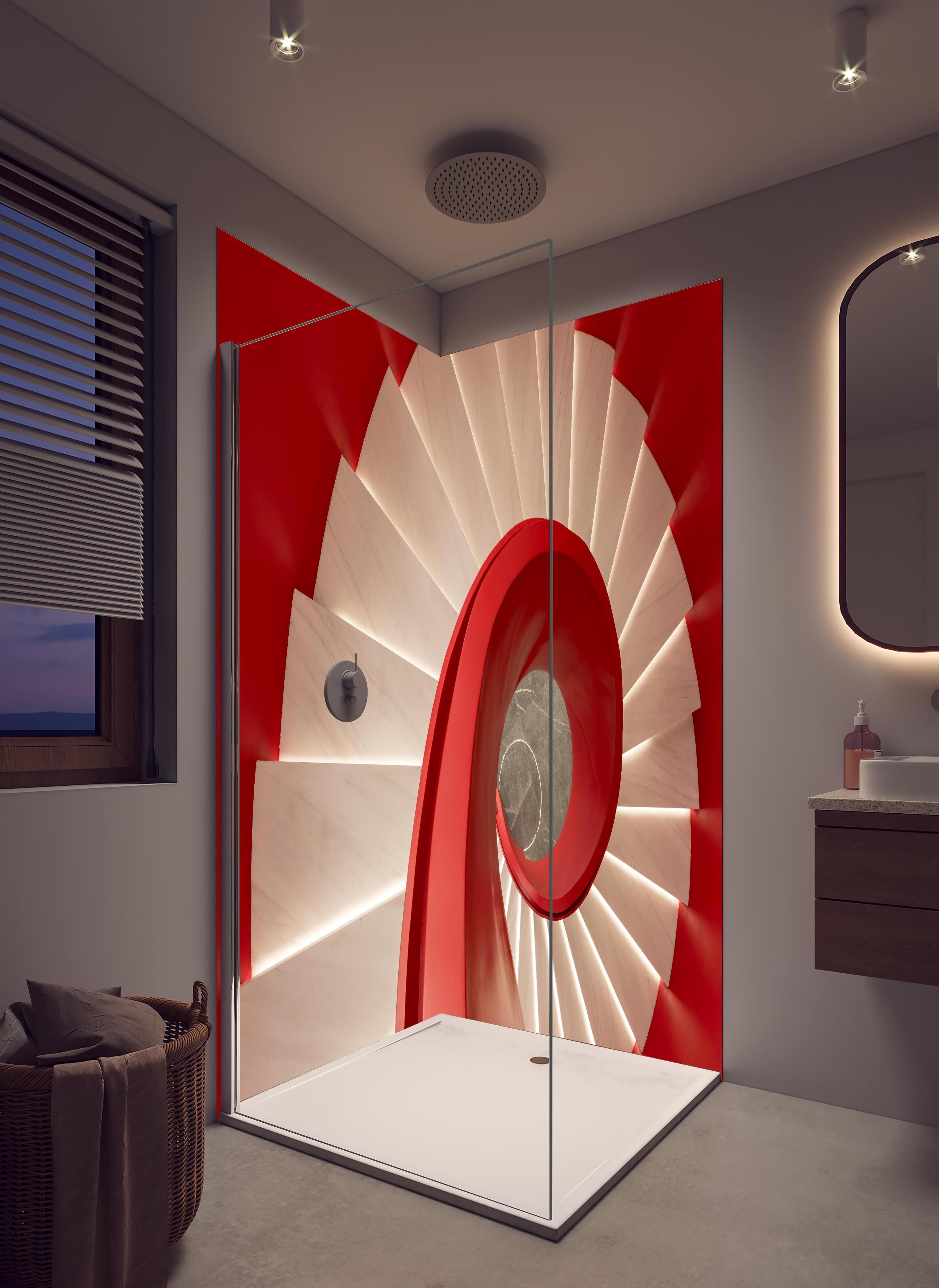 Duschrückwand - Spirale Treppe - Rötlich in hellem Badezimmer mit Regenduschkopf - zweiteilige Eck-Duschrückwand