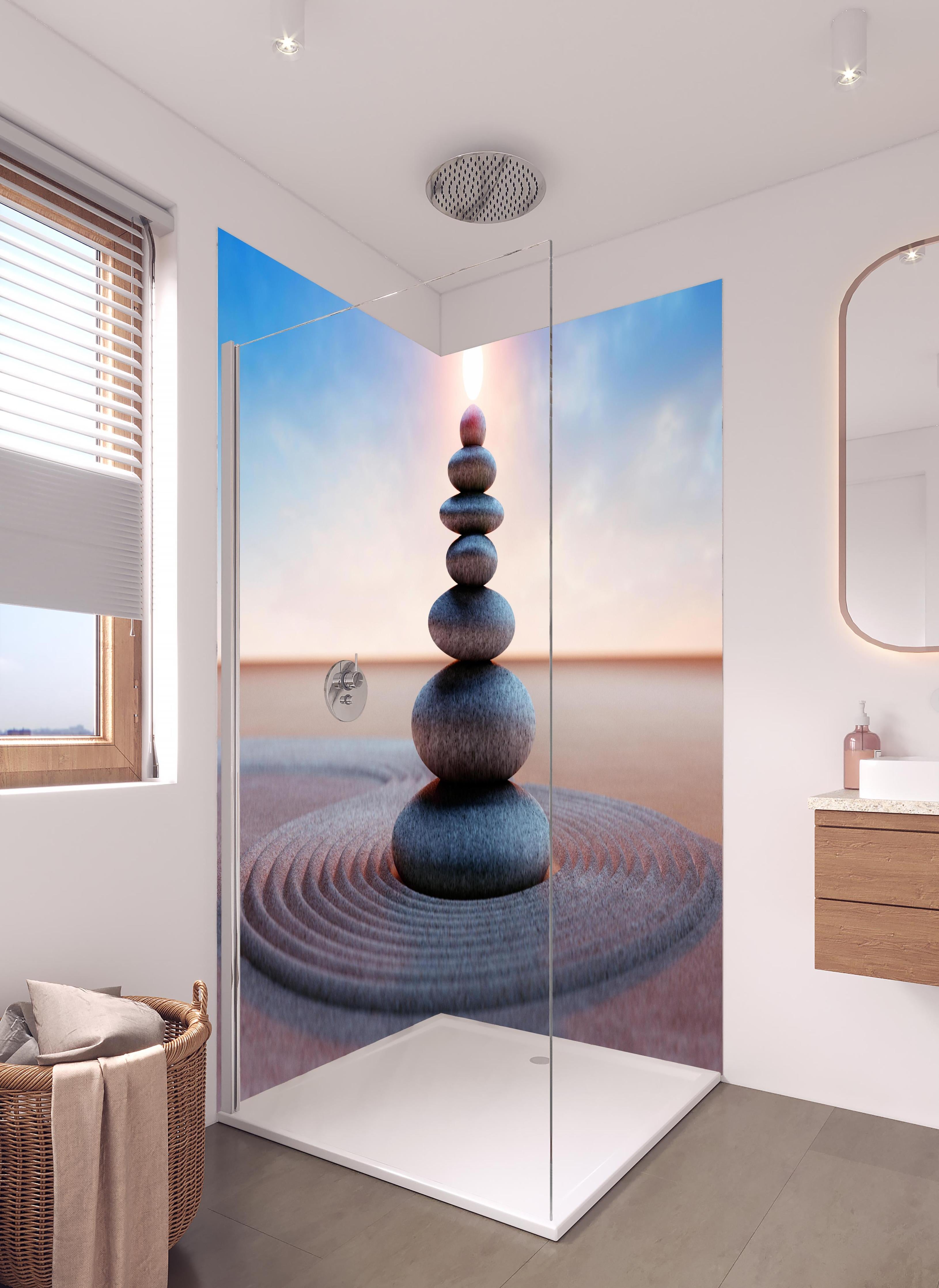Duschrückwand - Spiritueller Steinturm mit Sonne in hellem Badezimmer mit Regenduschkopf - zweiteilige Eck-Duschrückwand