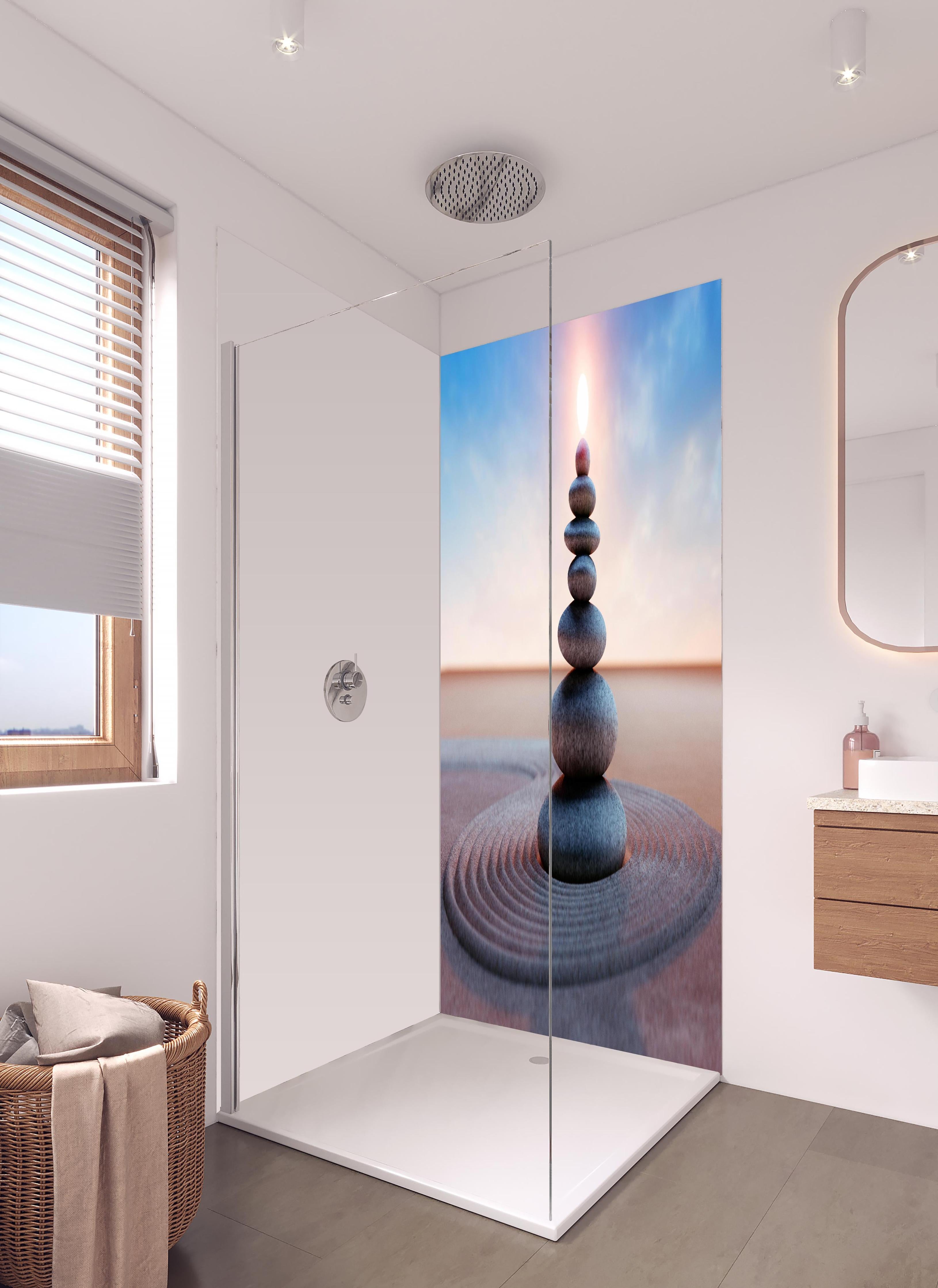 Duschrückwand - Spiritueller Steinturm mit Sonne in hellem Badezimmer mit Regenduschkopf - zweiteilige Eck-Duschrückwand