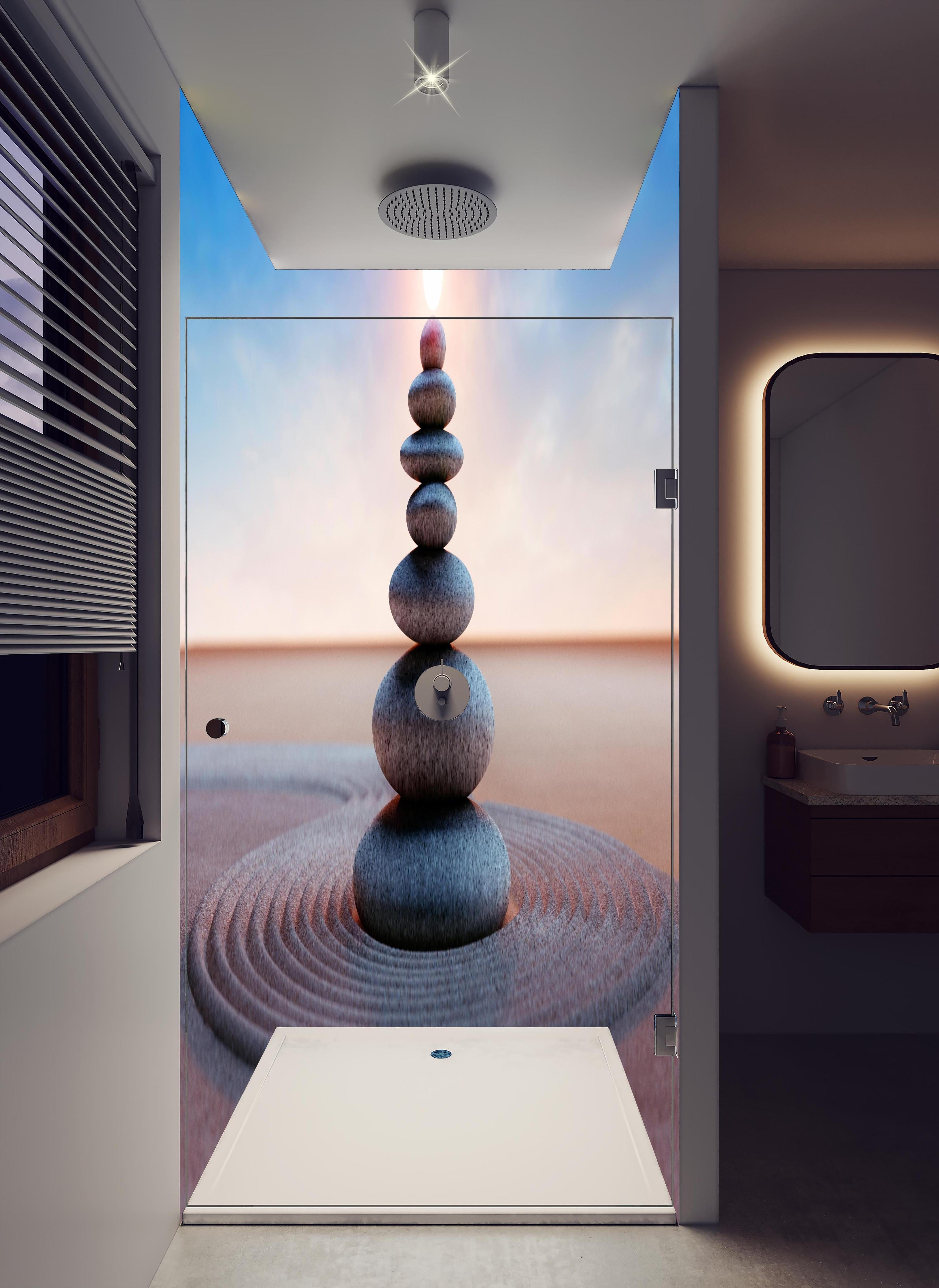 Duschrückwand - Spiritueller Steinturm mit Sonne in hellem Badezimmer mit Regenduschkopf - zweiteilige Eck-Duschrückwand