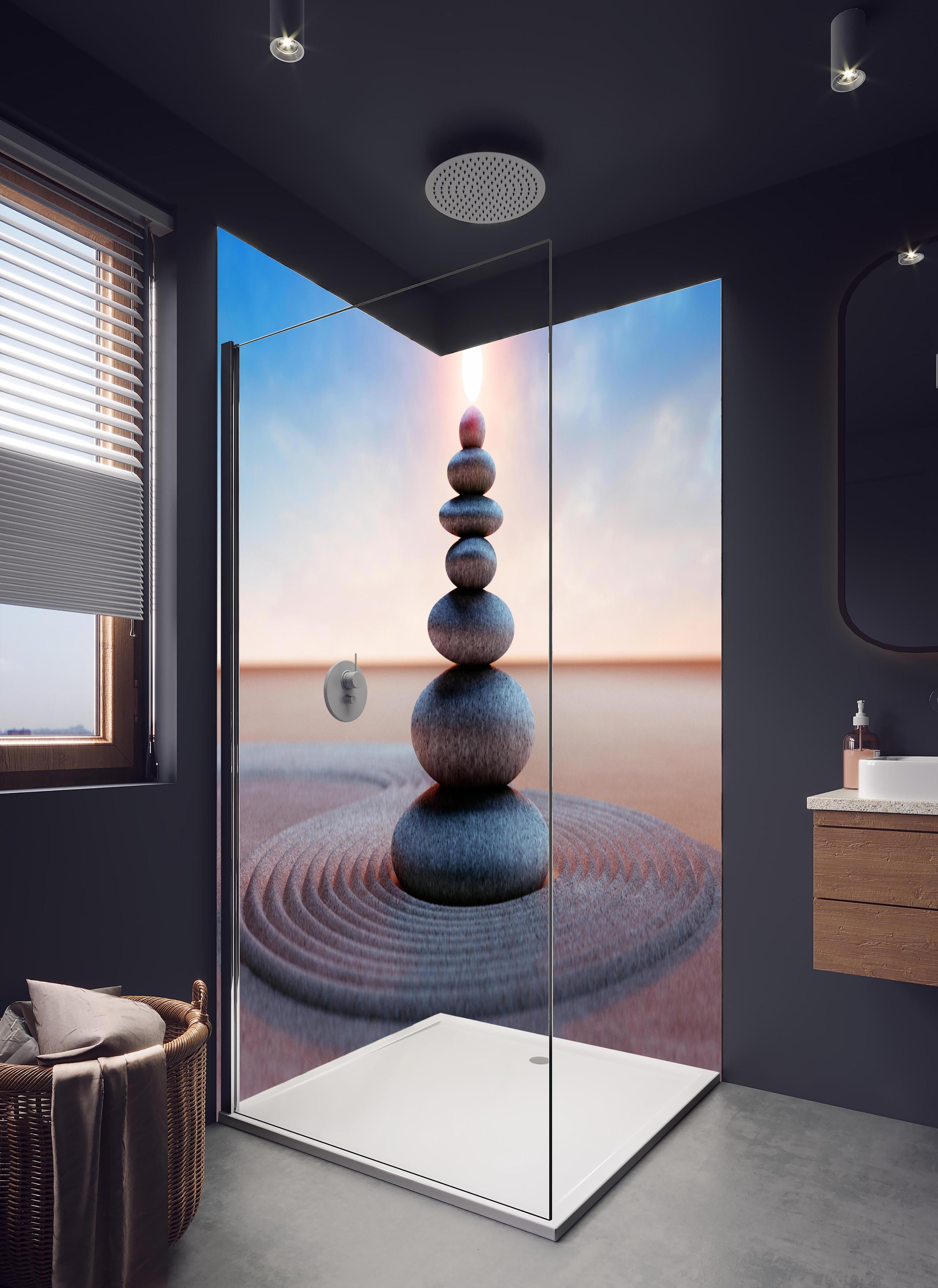 Duschrückwand - Spiritueller Steinturm mit Sonne in hellem Badezimmer mit Regenduschkopf - zweiteilige Eck-Duschrückwand