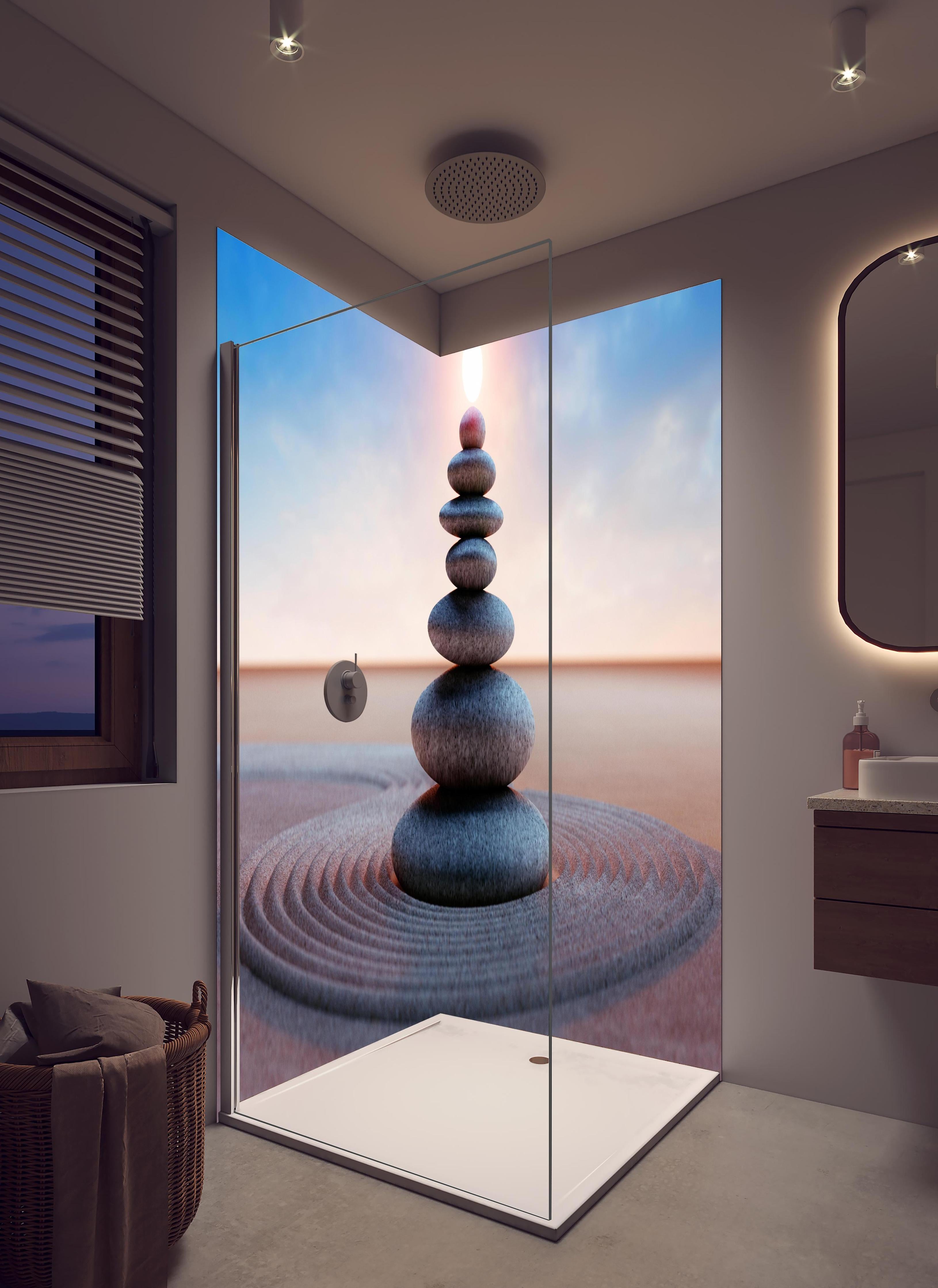 Duschrückwand - Spiritueller Steinturm mit Sonne in hellem Badezimmer mit Regenduschkopf - zweiteilige Eck-Duschrückwand