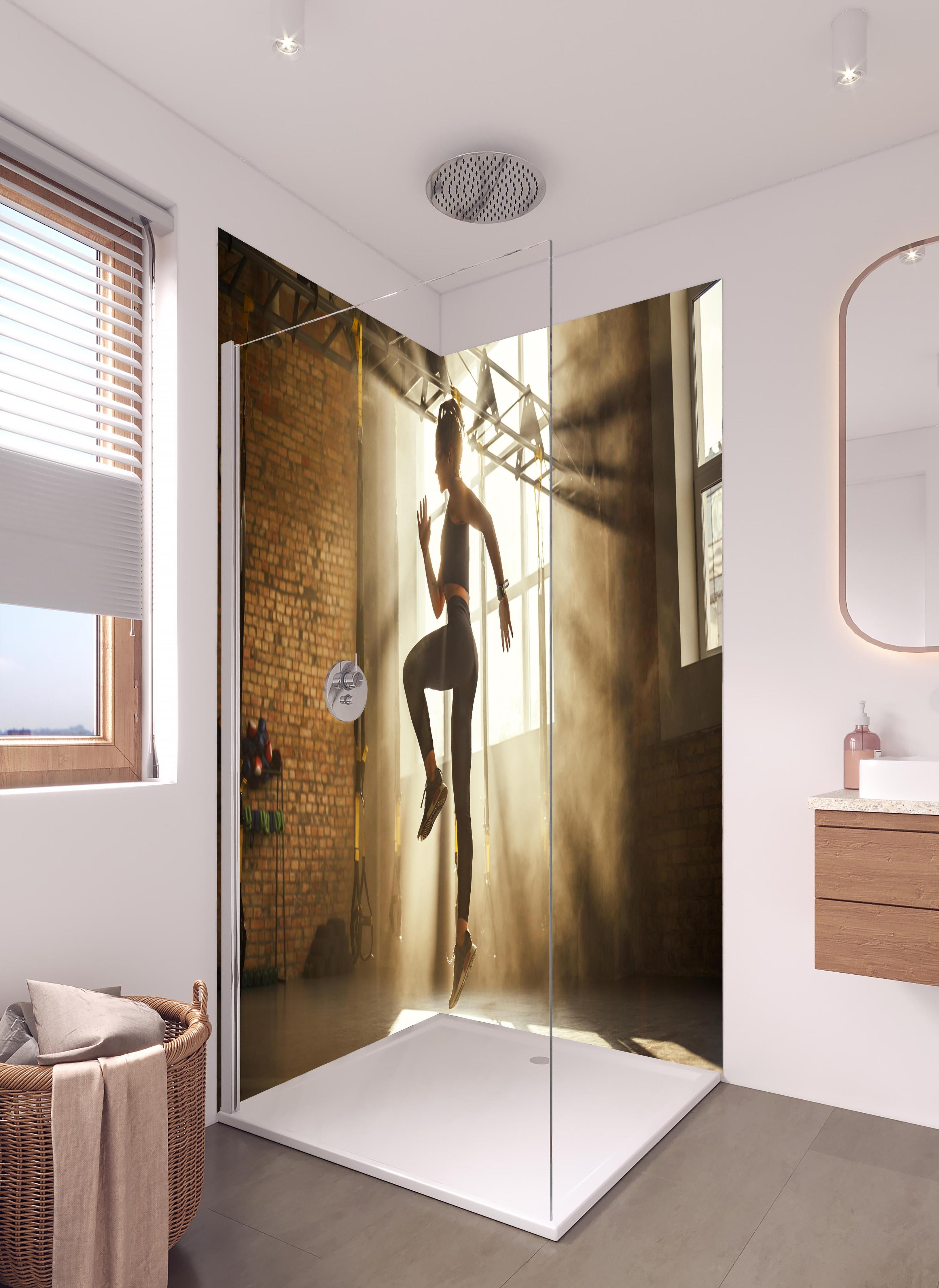Duschrückwand - Sportlerin im Fitnesstudio in hellem Badezimmer mit Regenduschkopf - zweiteilige Eck-Duschrückwand