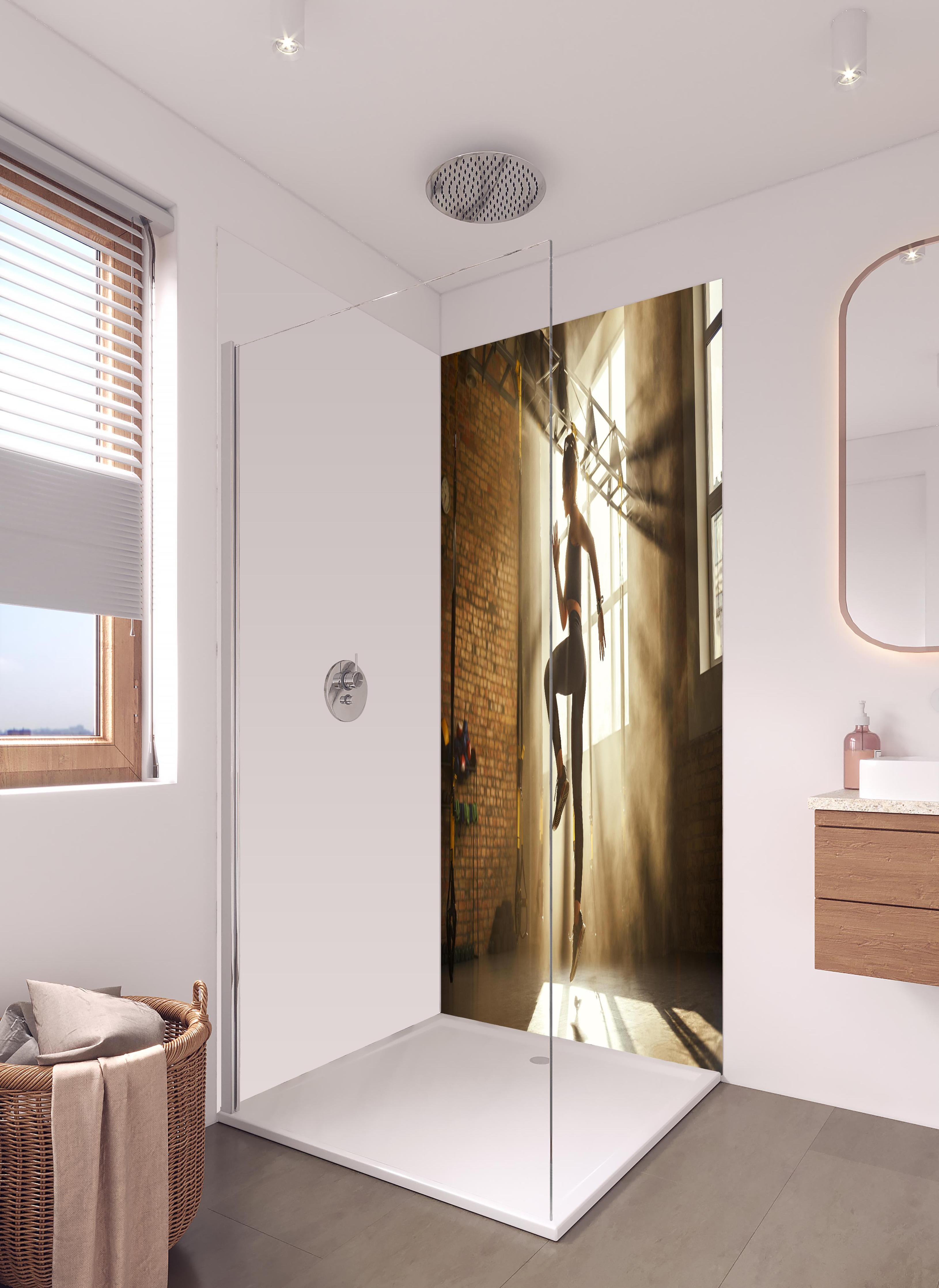 Duschrückwand - Sportlerin im Fitnesstudio in hellem Badezimmer mit Regenduschkopf - zweiteilige Eck-Duschrückwand