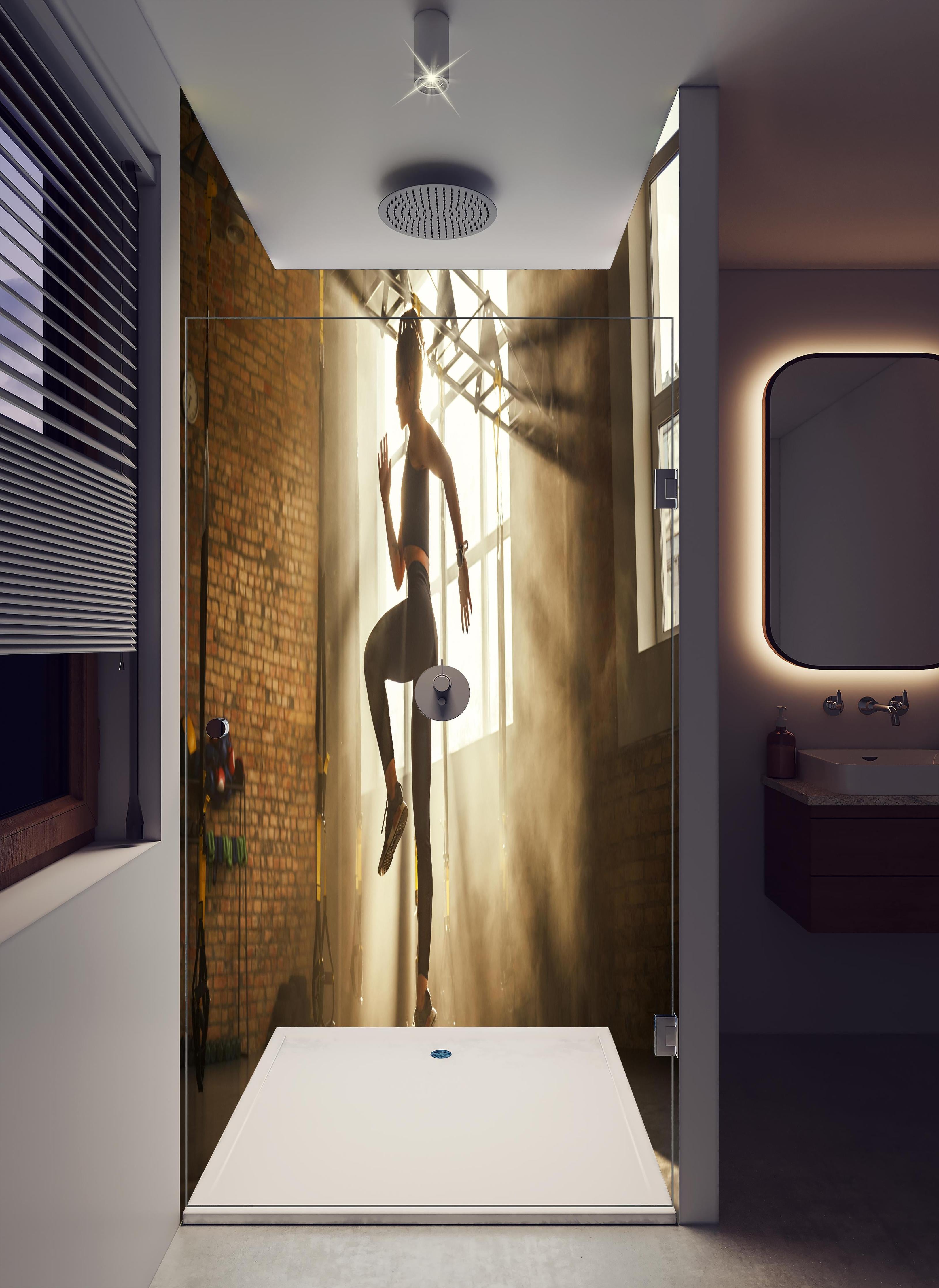 Duschrückwand - Sportlerin im Fitnesstudio in hellem Badezimmer mit Regenduschkopf - zweiteilige Eck-Duschrückwand