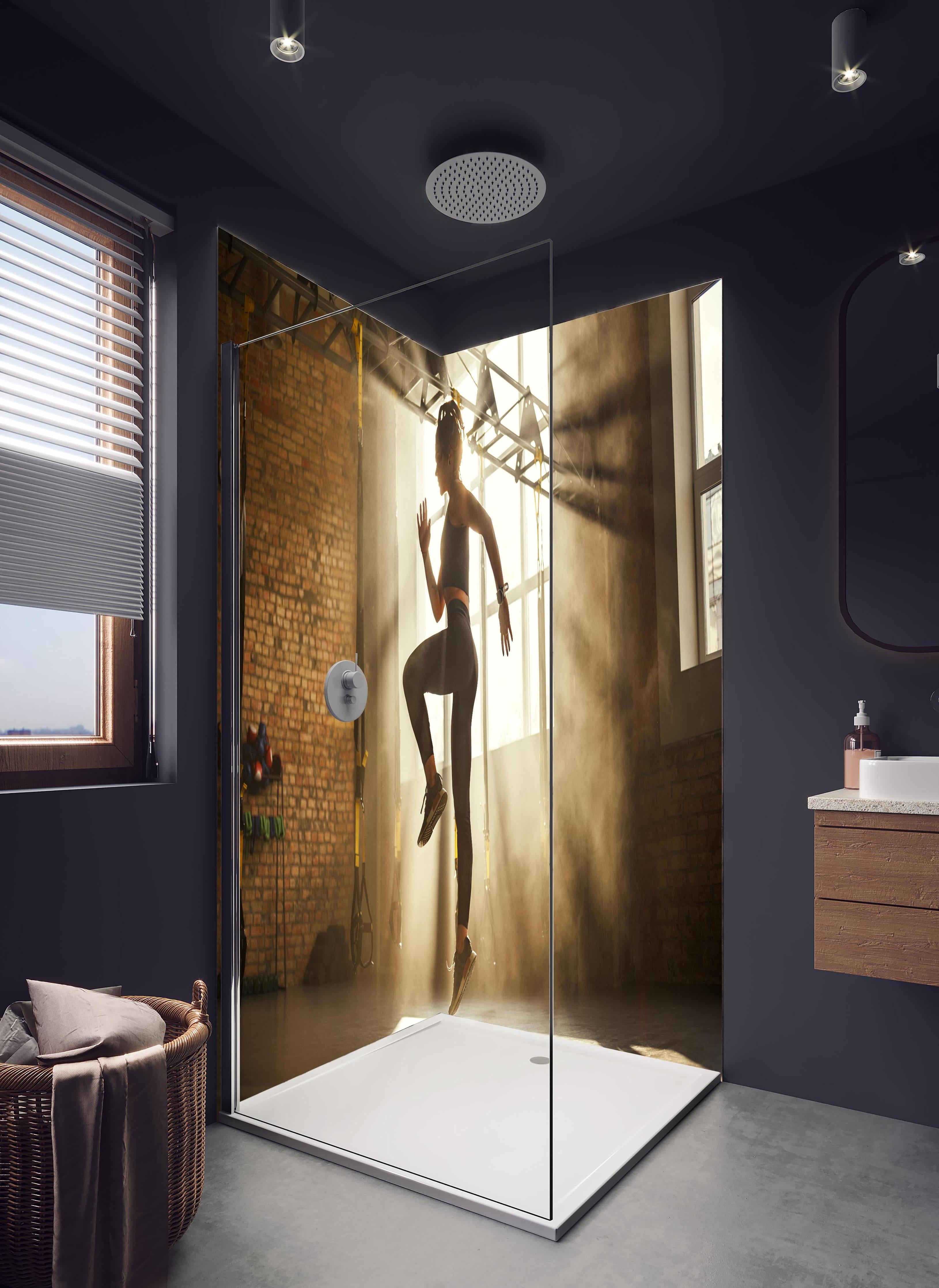 Duschrückwand - Sportlerin im Fitnesstudio in hellem Badezimmer mit Regenduschkopf - zweiteilige Eck-Duschrückwand