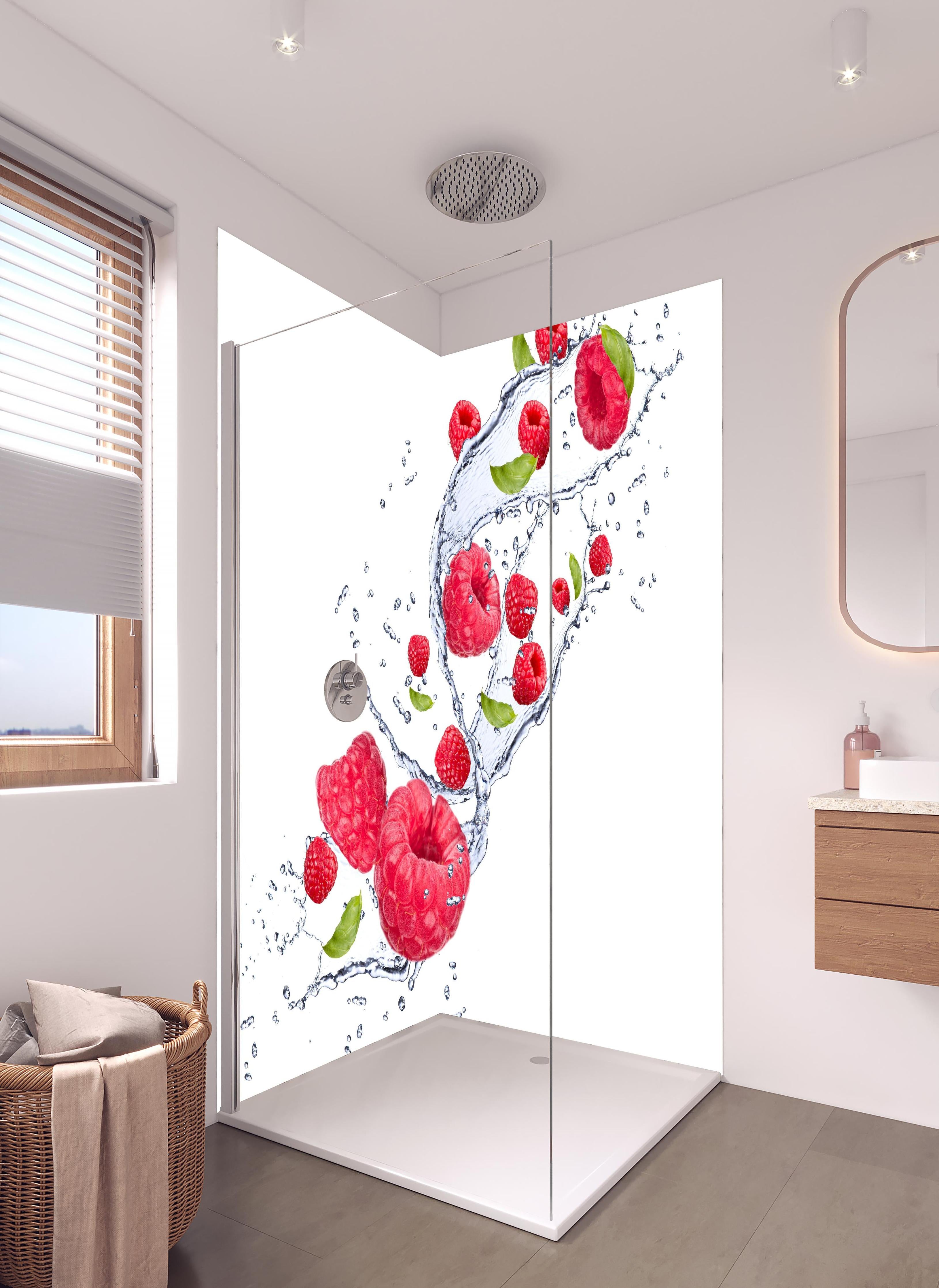 Duschrückwand - Spritzige Erdbeeren in hellem Badezimmer mit Regenduschkopf - zweiteilige Eck-Duschrückwand