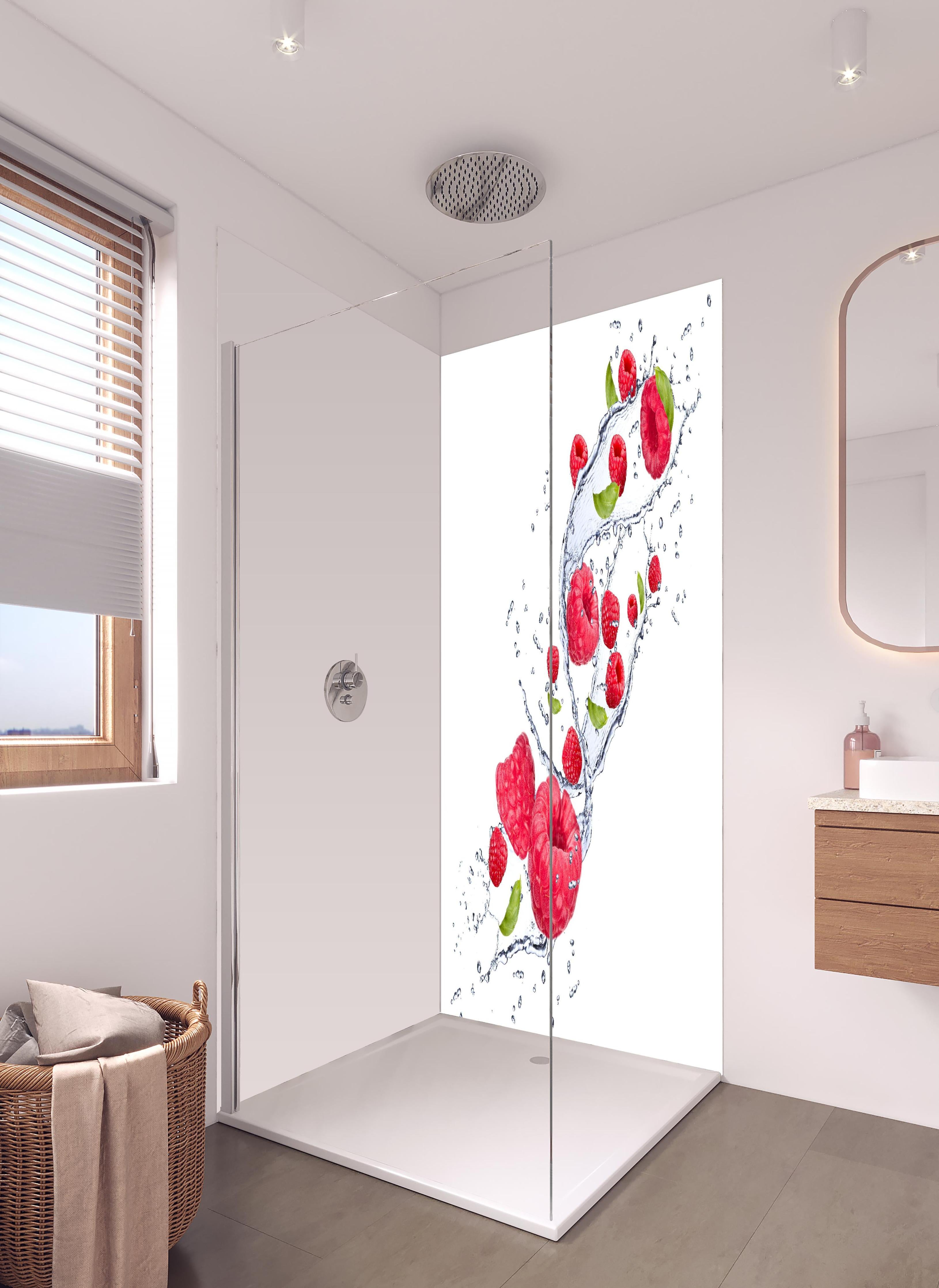 Duschrückwand - Spritzige Erdbeeren in hellem Badezimmer mit Regenduschkopf - zweiteilige Eck-Duschrückwand