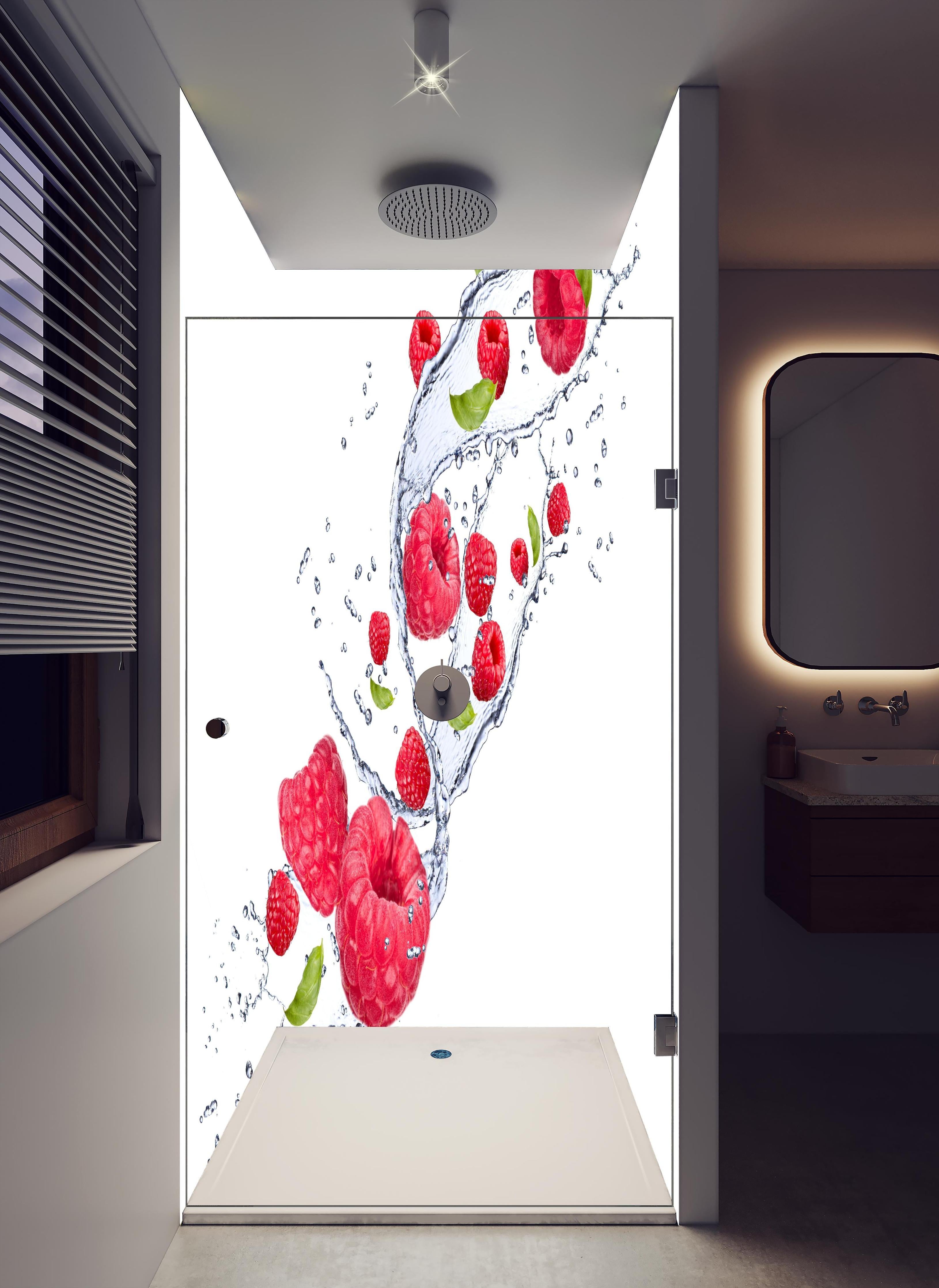 Duschrückwand - Spritzige Erdbeeren in hellem Badezimmer mit Regenduschkopf - zweiteilige Eck-Duschrückwand